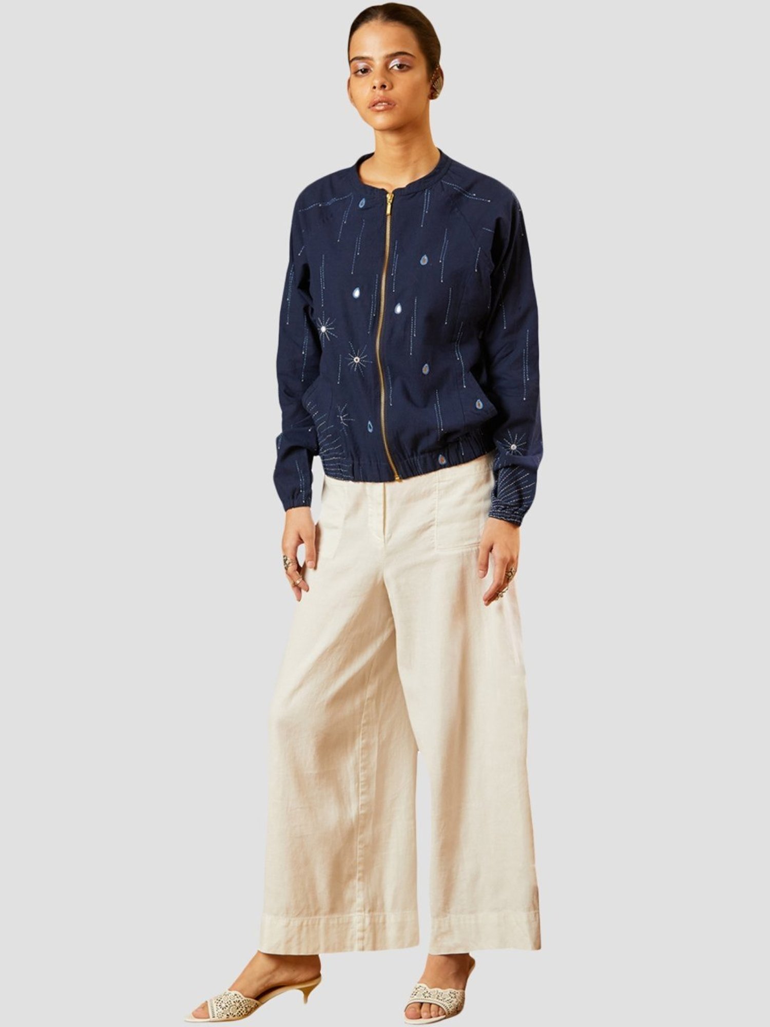 Okhai Drizzle Indigo Blue Pure Cotton Hand Embroidered Jacket