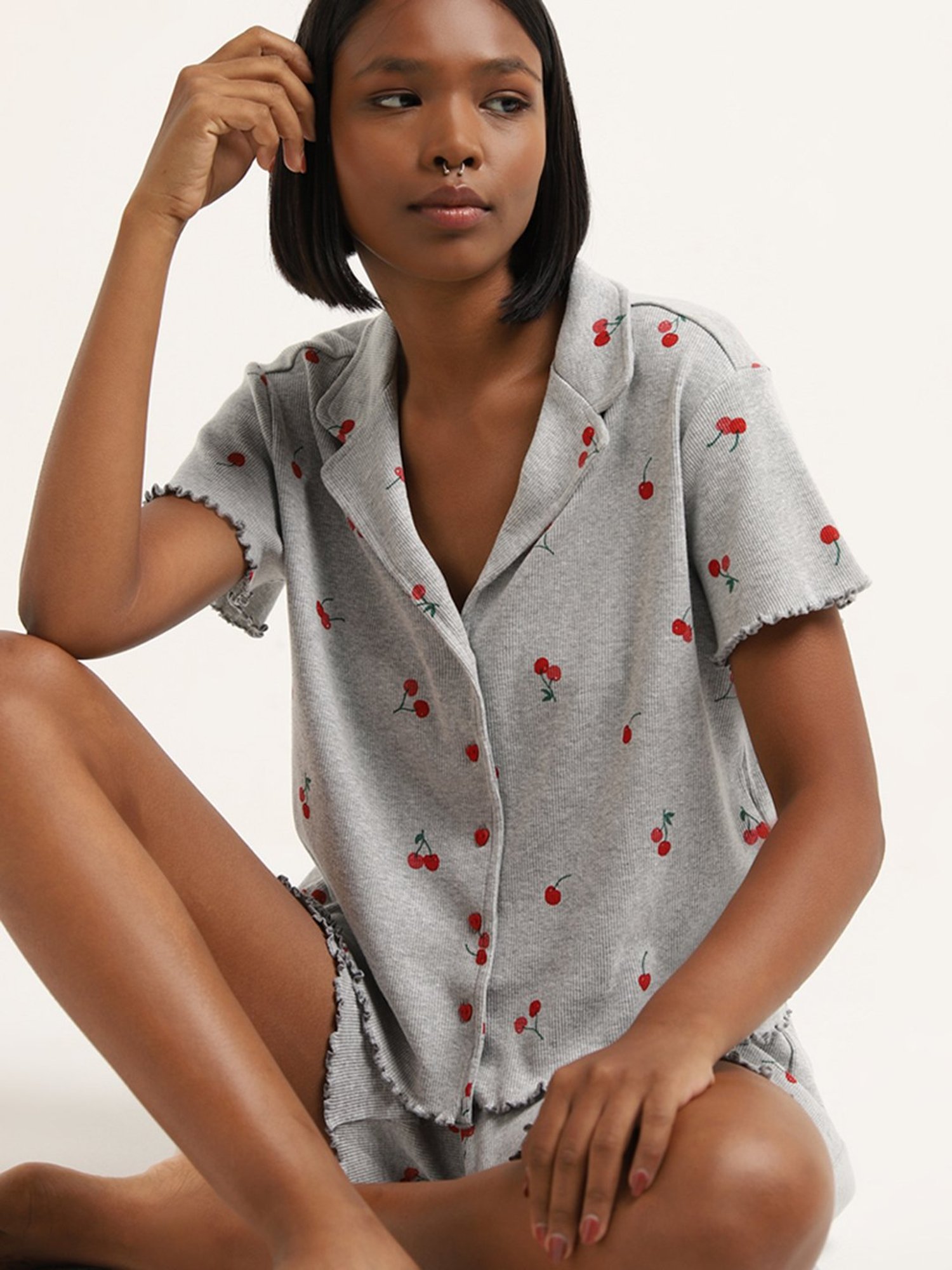 Superstar by Westside Grey Cherry Print Ribbed Cotton Blend Shirt