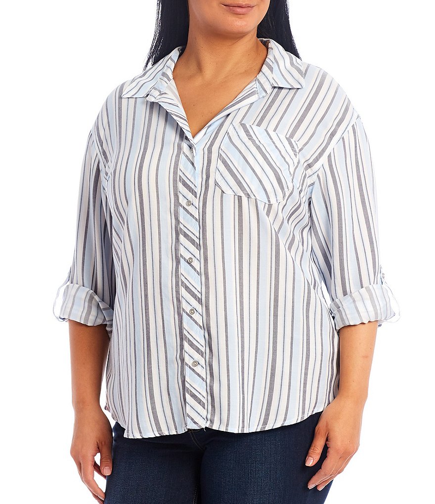 Westbound Plus Stripe Button-Down Collar Neck Roll Long Sleeve Button Front Shirt