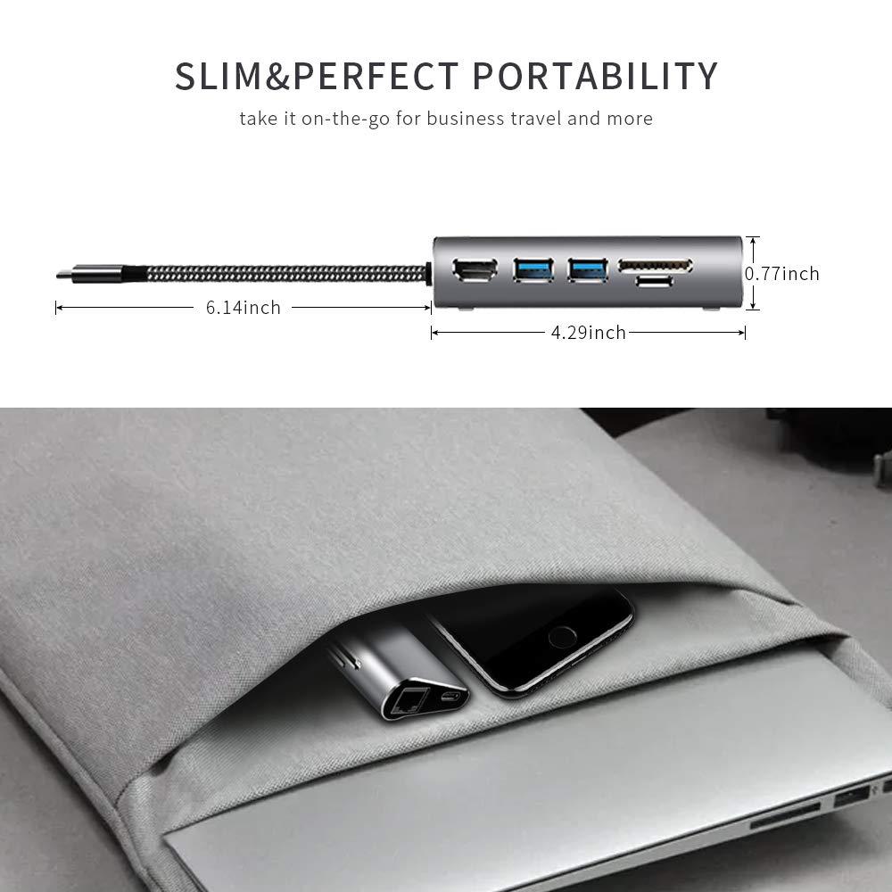 USB C Hub,7 in 1 Integrated Type C Hub Adapter with PD Power Delivery, 1 Gbps Ethernet Port,4k USB C to HDMI,2 USB 3.0 Ports, SD/TF Card Reader, Portable for MacBook and Other Type C Laptop, Kuled