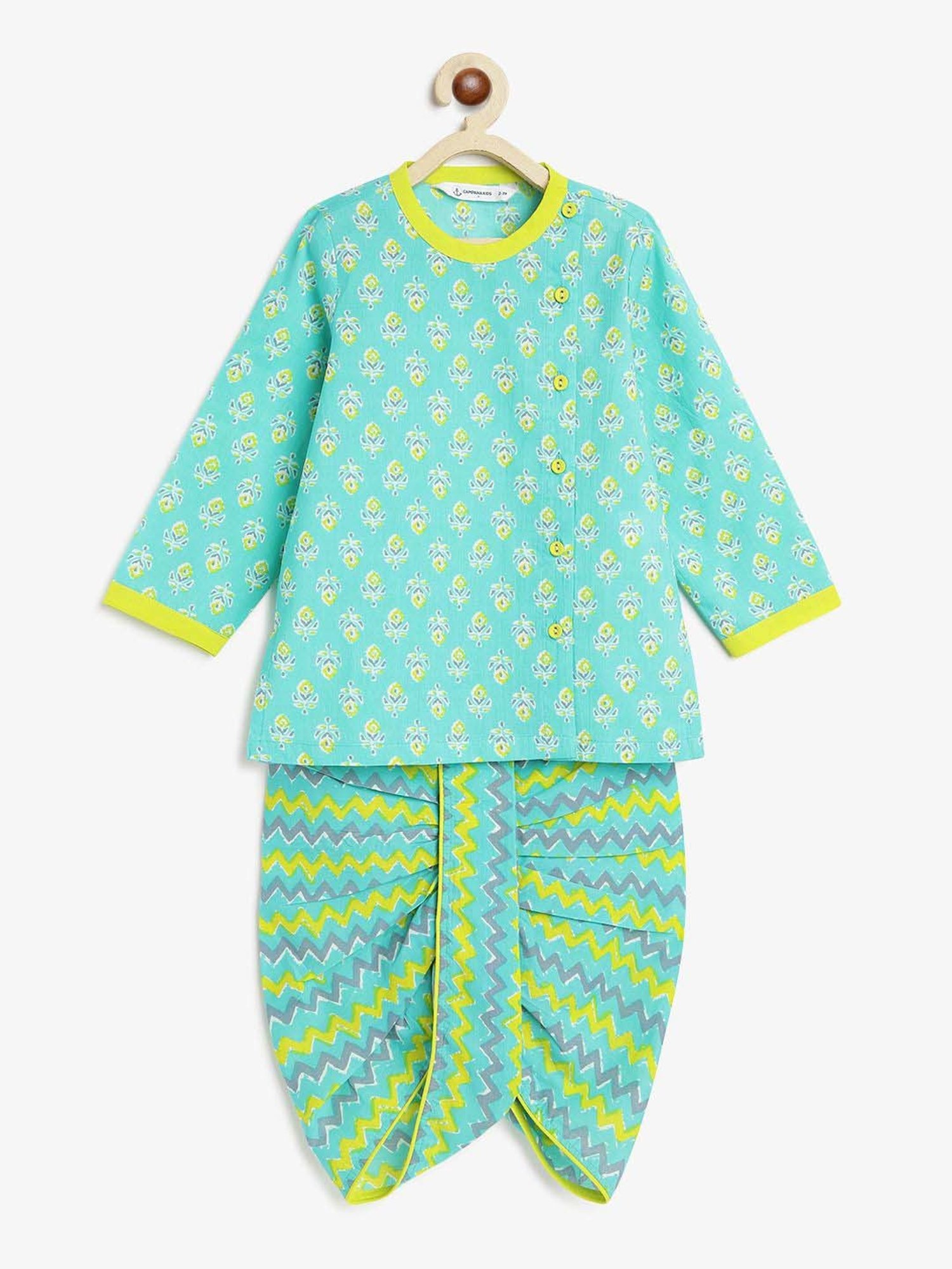 Campana Kids Blue & Green Cotton Printed Full Sleeves Kurta & Dhoti