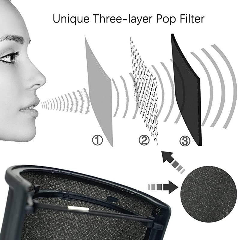 Pop Filter  Upgraded Three Layers Microphone Pop Filter Metal Mesh and Foam Layer Handheld Microphone Pop Filter Windscreen Cover Shield Mount for Youtube Videos Gaming Vocal Recording