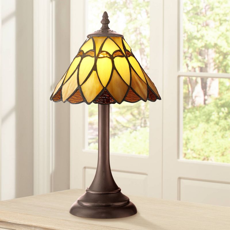 Robert Louis Tiffany Mission Accent Table Lamp 14" High LED Warm Brown Amber Art Glass Shade for Bedroom Bedside Nightstand Office