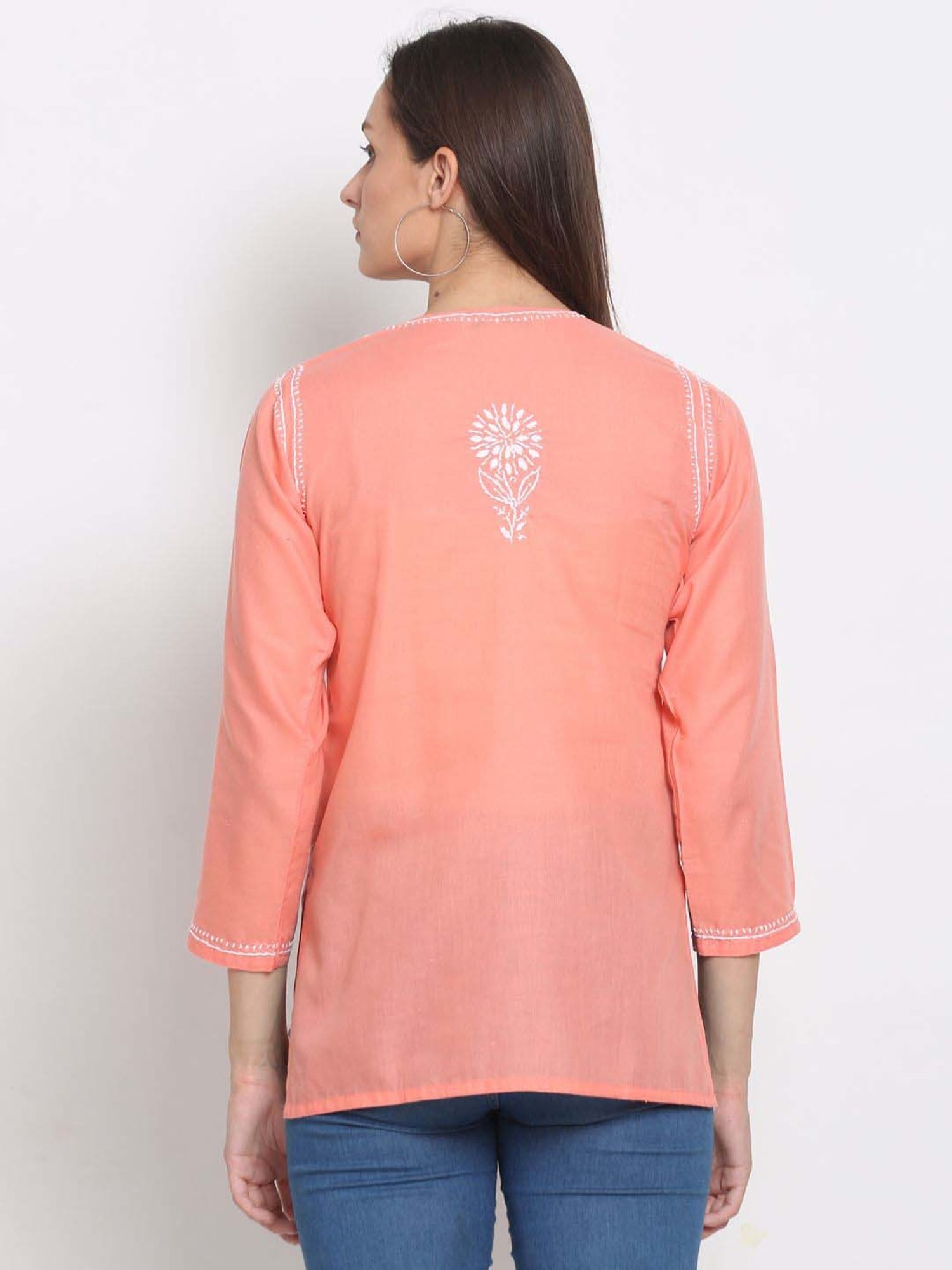 PARAMOUNT CHIKAN Peach Cotton Chikankari Straight Kurti