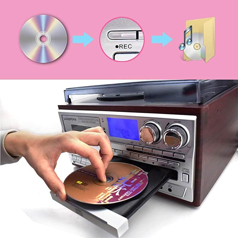 Vinyl Record Player 9 in 1 3 Speed Bluetooth Vintage Turntable CD Cassette Player AMFM Radio USB Recorder Auxin RCA LineOut