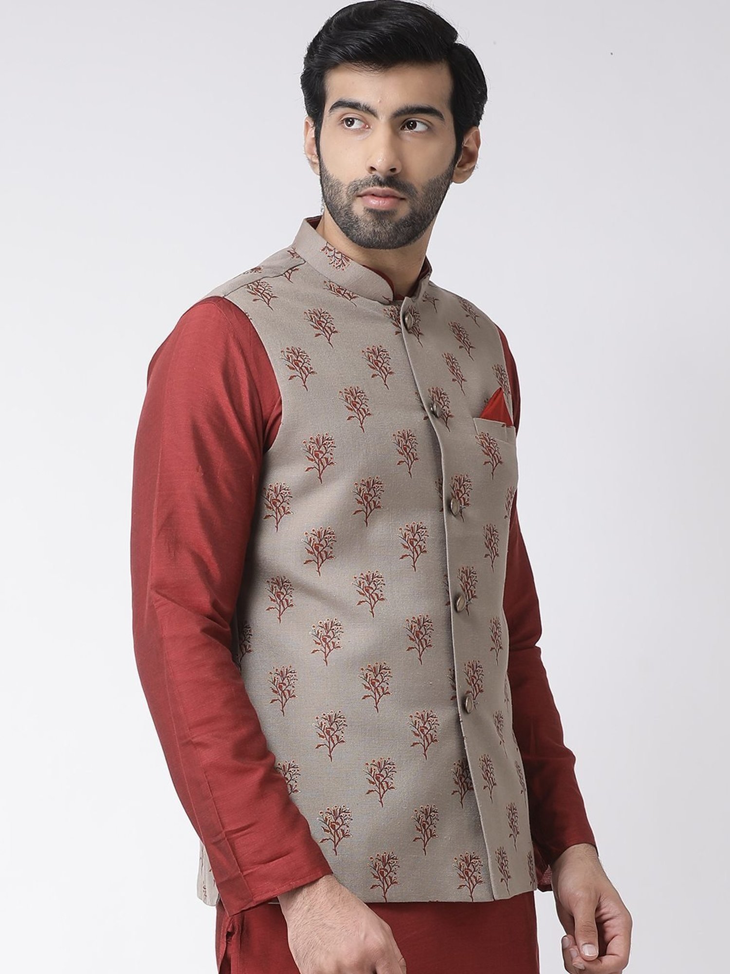 KISAH Maroon Regular Fit Printed Nehru Jacket