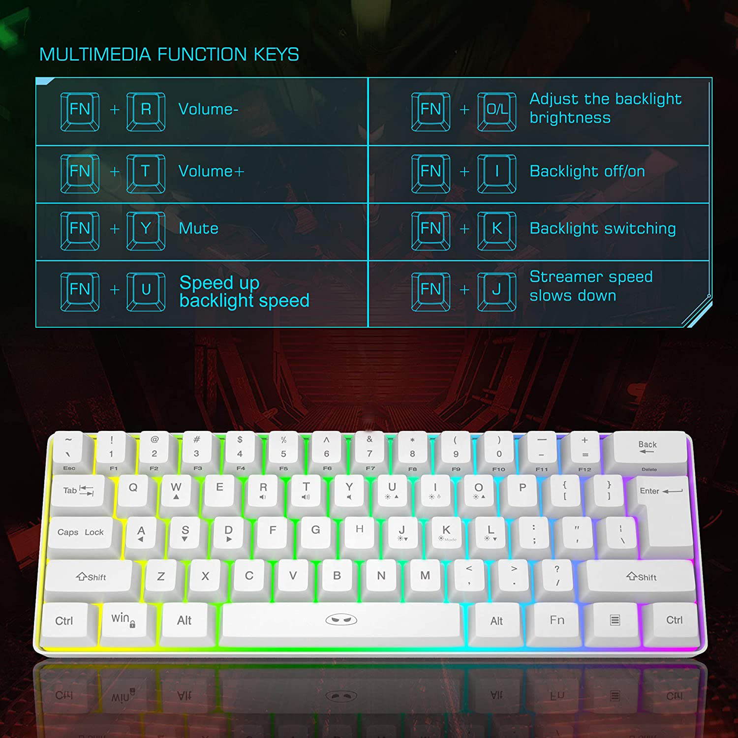 Wireless mini keyboard 61-key mini portable membrane keyboard RGB backlit office keyboard Windows/Mac/laptop keyboard (white)