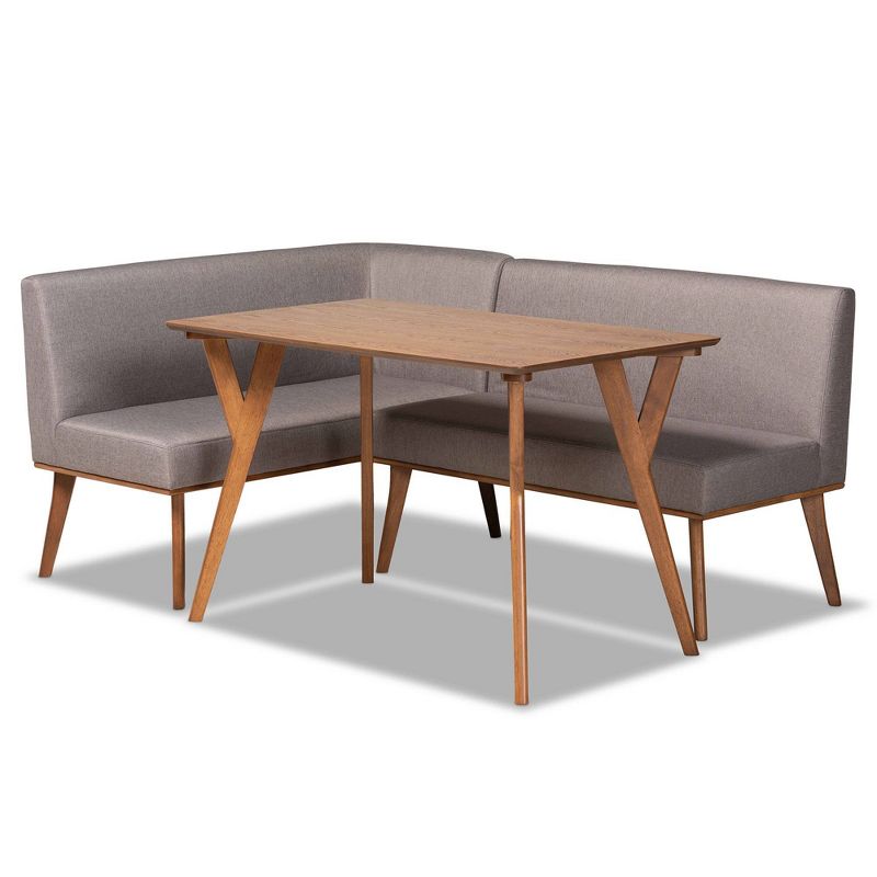 3pc Odessa Mid-Century Modern Fabric Upholstered Wood Dining Nook Set Walnut/Brown/Gray - Baxton Studio