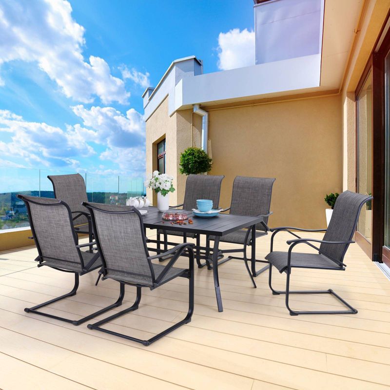 7pc Patio Dining Set with Rectangle Table with 2.6" Umbrella Hole & Steel C-Spring Arm Chairs - Captiva Designs