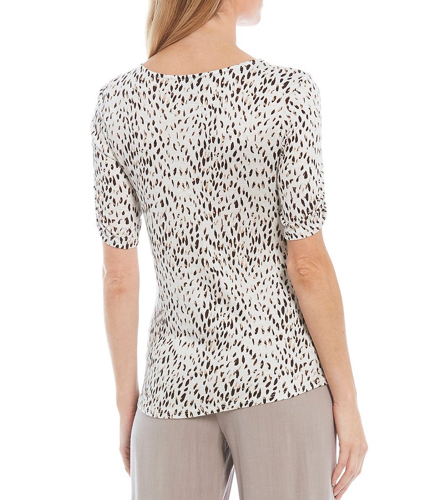 I.N. Studio Petite Size Abstract Animal Print Pucker Knit V-Neck Elbow Cinched Sleeve Button Tie-Front Top