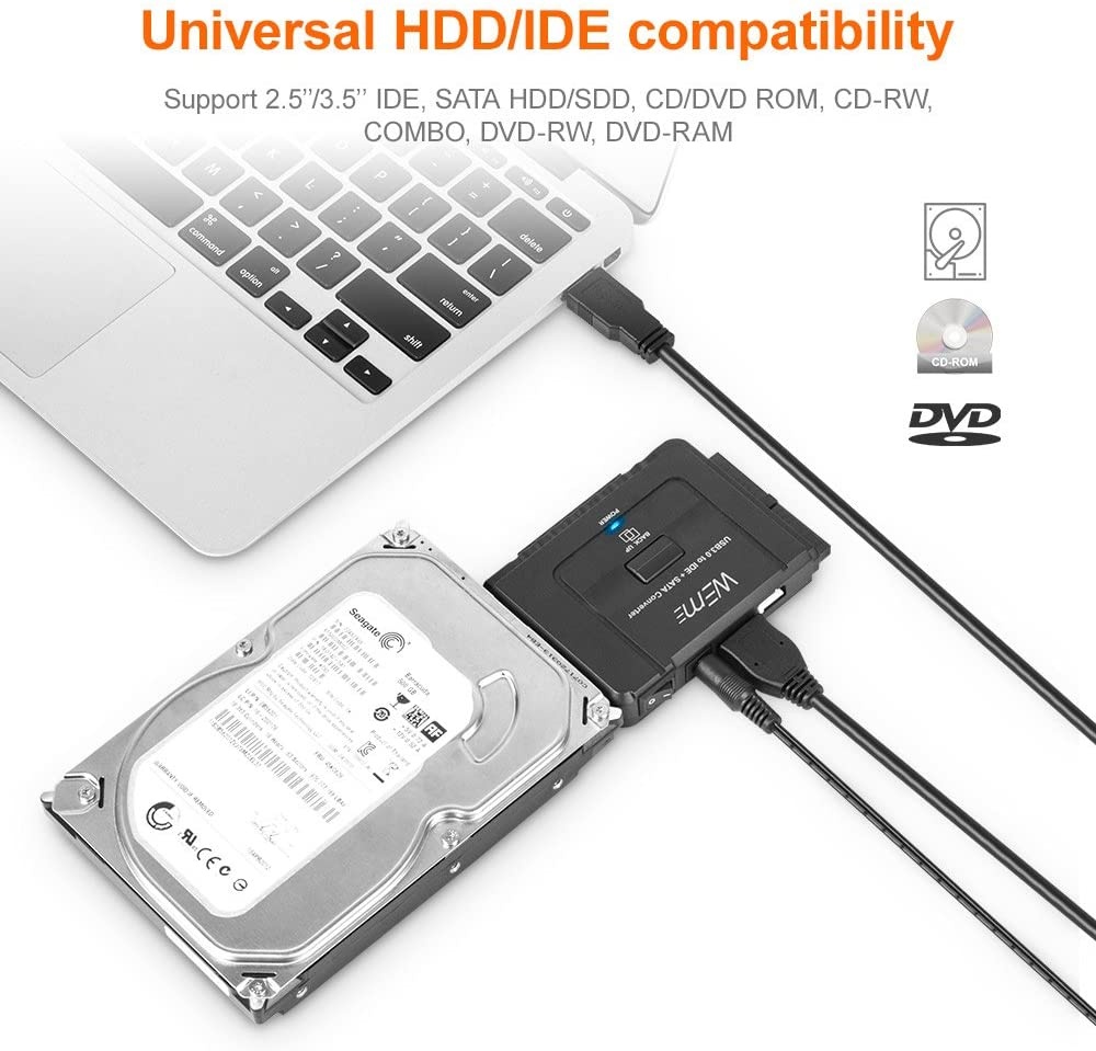 WEme USB 3.0 to SATA IDE Adapter with Universal 2.5 3.5 Hard Drive Disk Converter for HDD SSD and IDE HDD Support 12TB and One-Touch Backup Include 12V 2A Power Adapter and USB 3.0 Cable for Laptop