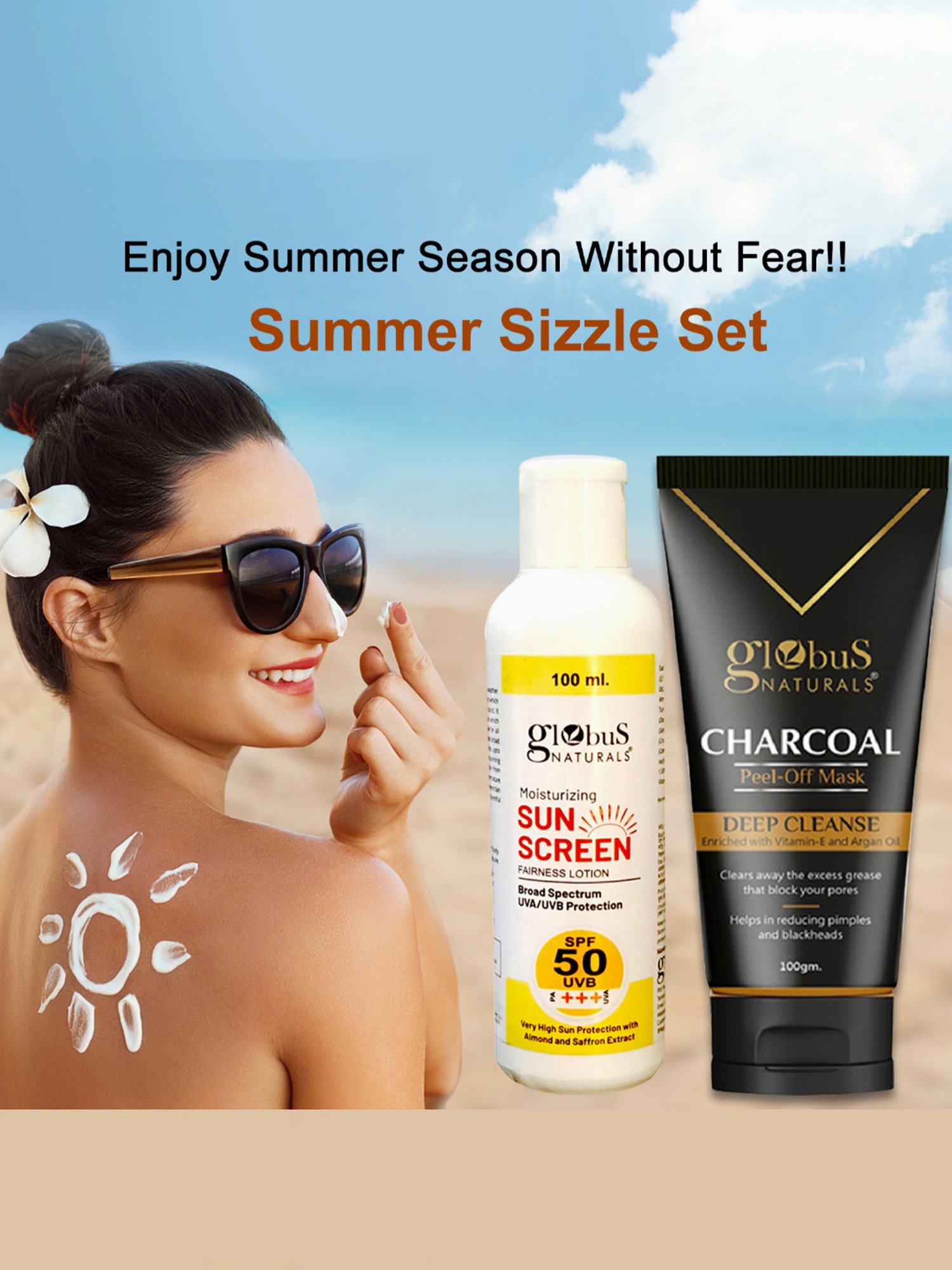 Globus Naturals Moisturizing Sunscreen SPF 50+++ & Charcoal Peel Off Mask Combo