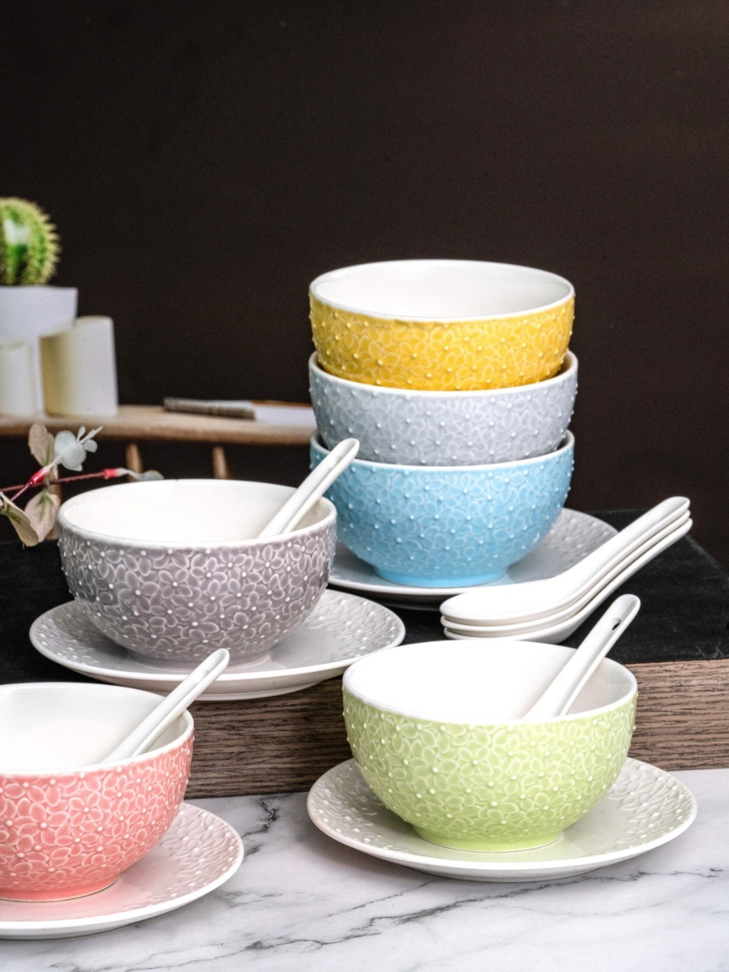 White Gold Multicolor Porcelain Soup Bowls - Set of 6