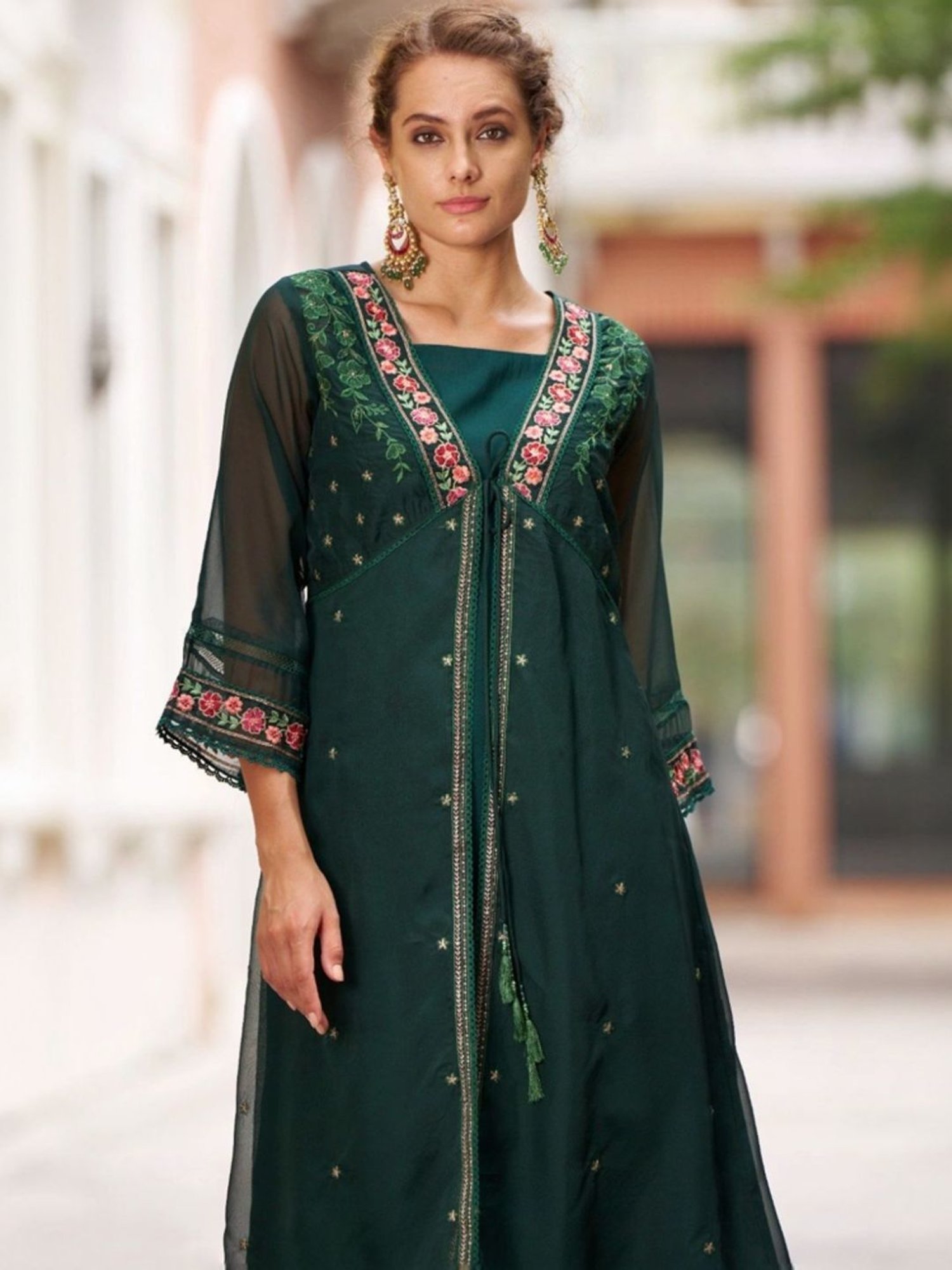 Autumnlane Green Sireesha Forest Embroidery Designer Organza Jacket Set