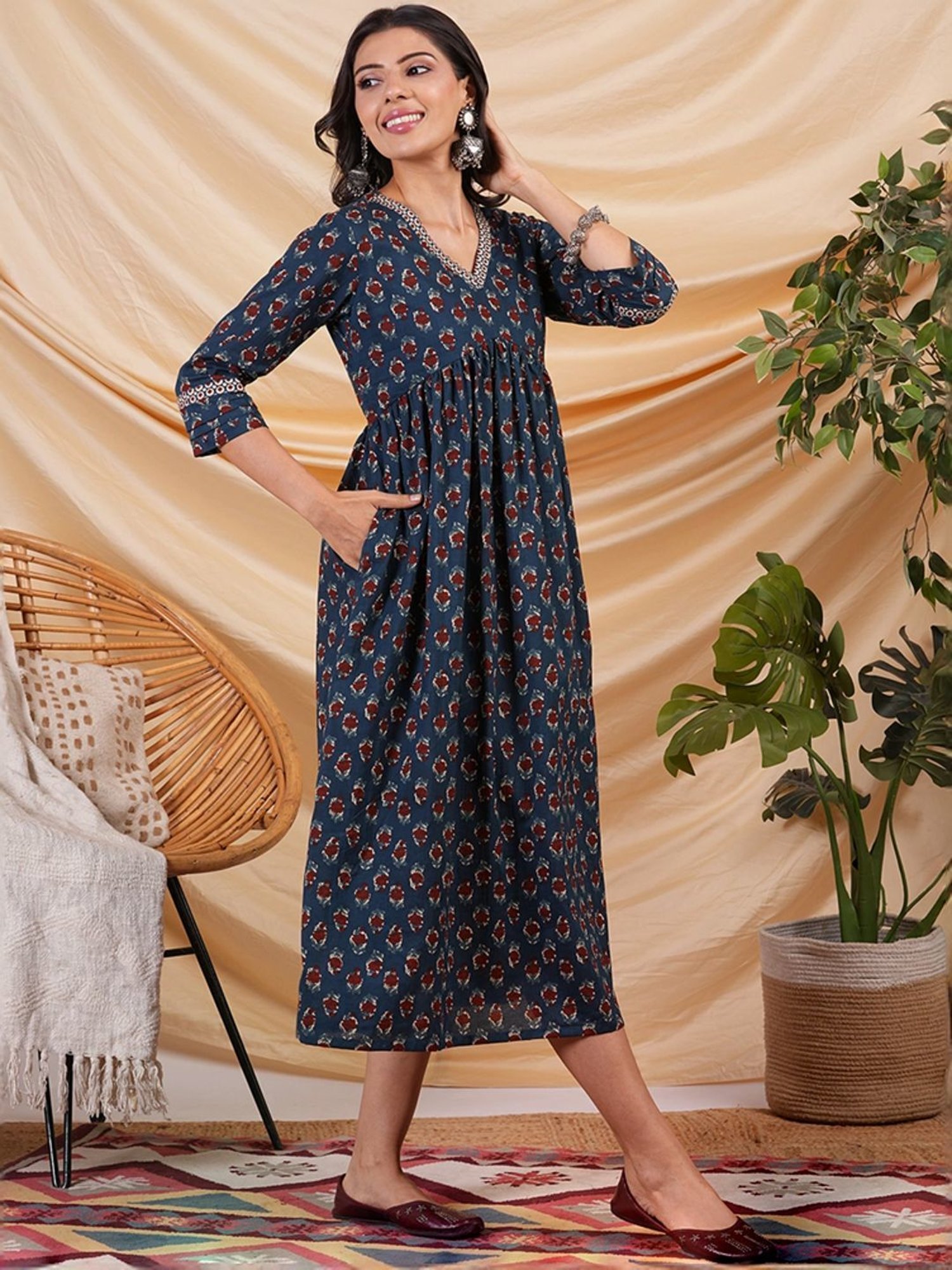 Kami Kubi Blue Cotton Printed A-Line Dress