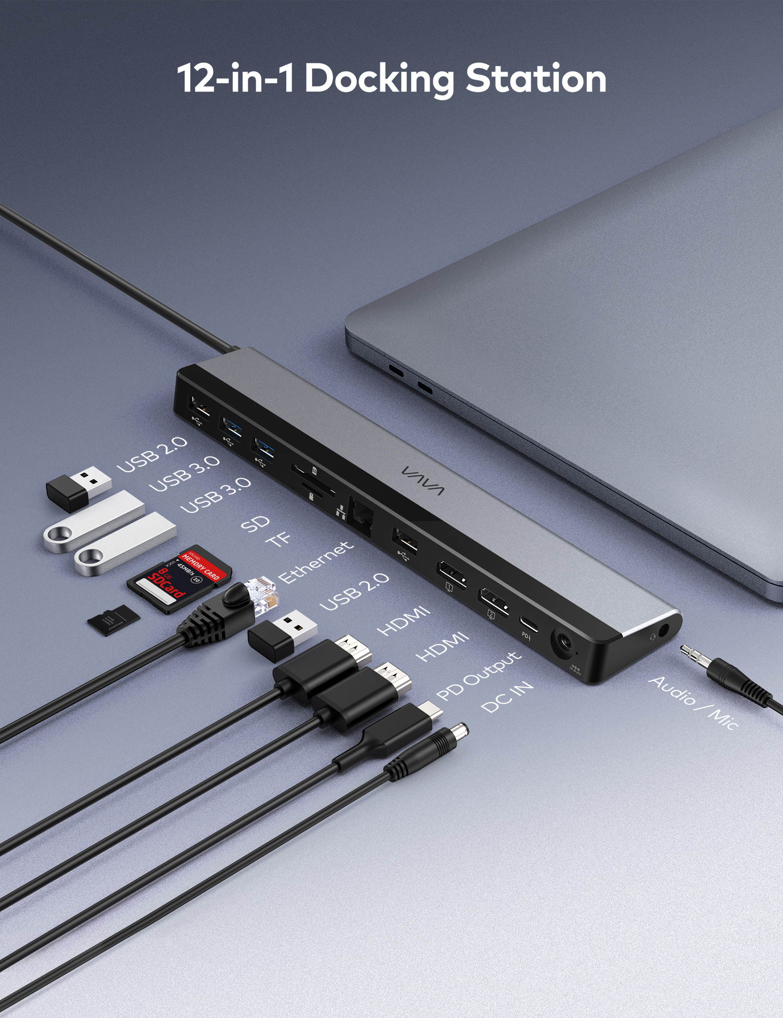 VAVA USB C Docking Station, 12-in-1 Type C Hub with Dual 4K HDMI, RJ45 Ethernet, 4 USB Ports, SD/TF Card Reader, PD USB-C Charging Port, Audio/Mic for MacBook / Pro / Air, Type C Windows Laptops