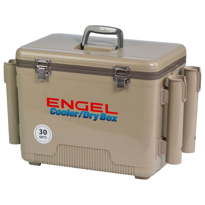 Engel 30-Quart 48 Can Portable Leak-Proof Compact Lightweight Insulated Airtight Hard Drybox Cooler with 4 Rod Holders for Fishing, and Camping, Tan