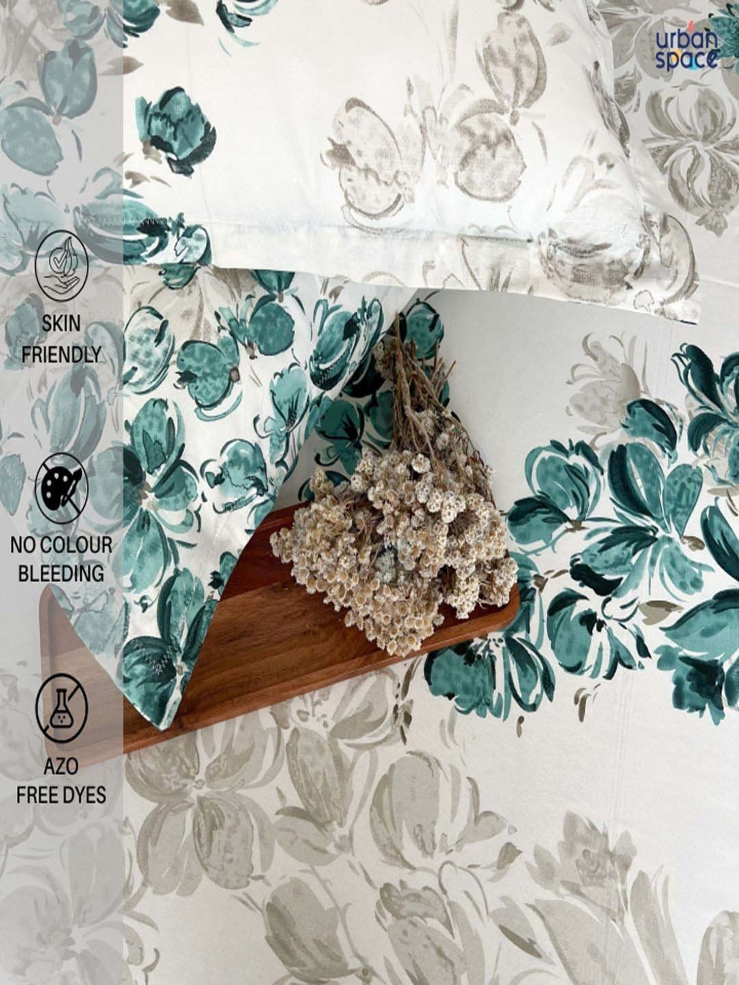 Urban Space Teal Green And White Cotton 200 TC Double Bedsheet with 2 Pillow Covers