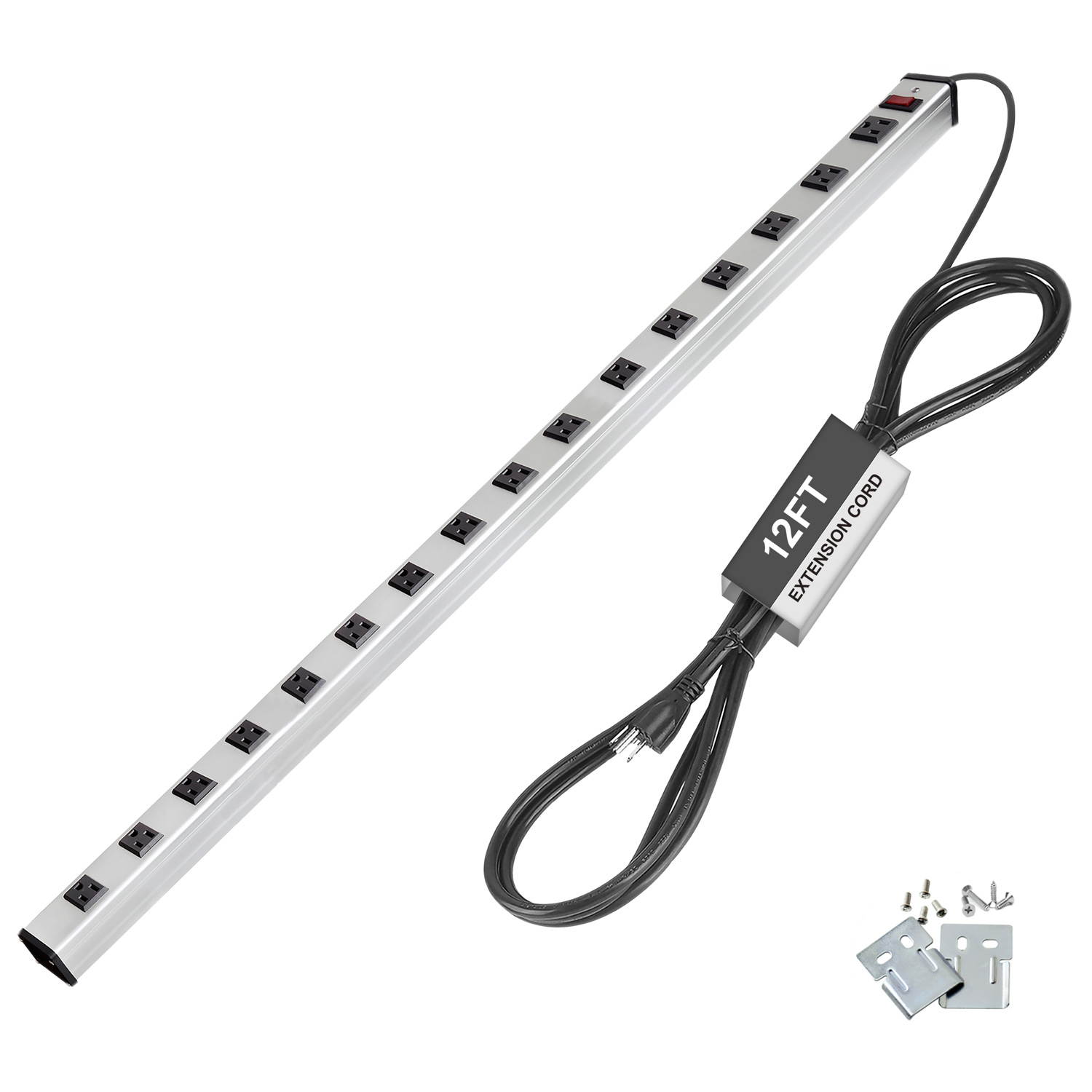 BESTTEN 12-Foot 16-Outlet Heavy Duty Aluminium Alloy Metal Power Strip, Ultra Long Extension Power Cord, 15A ON/Off Circuit Breaker, Mounting Brackets Included, UL Certified, Silver