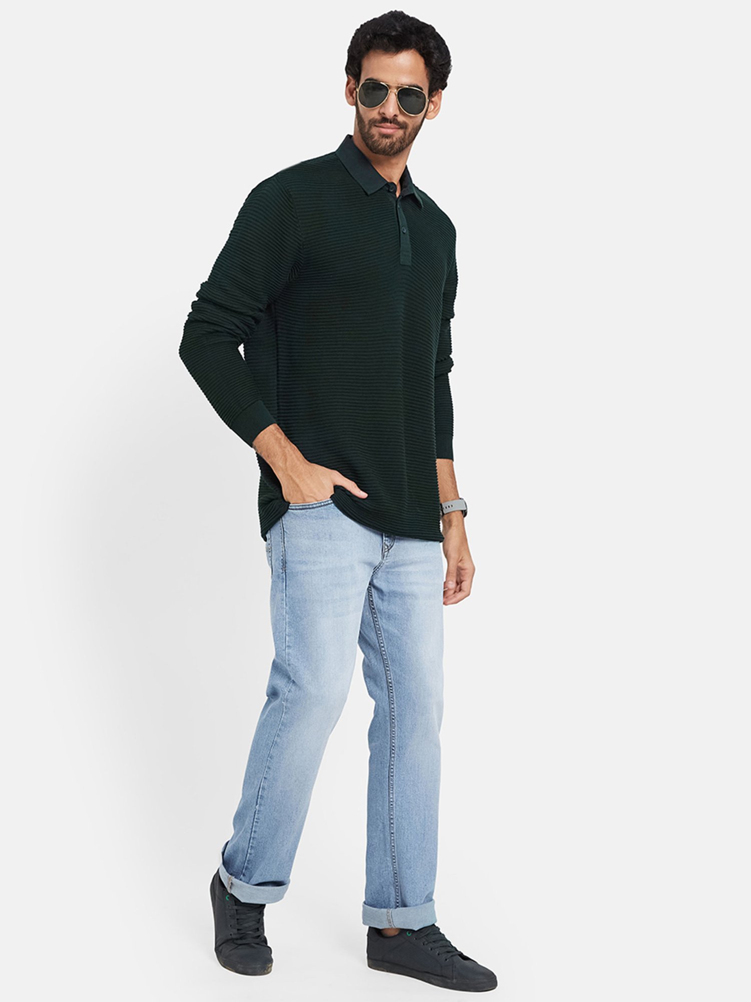 METTLE Mountain Green Regular Fit Self Design Polo Neck Sweater