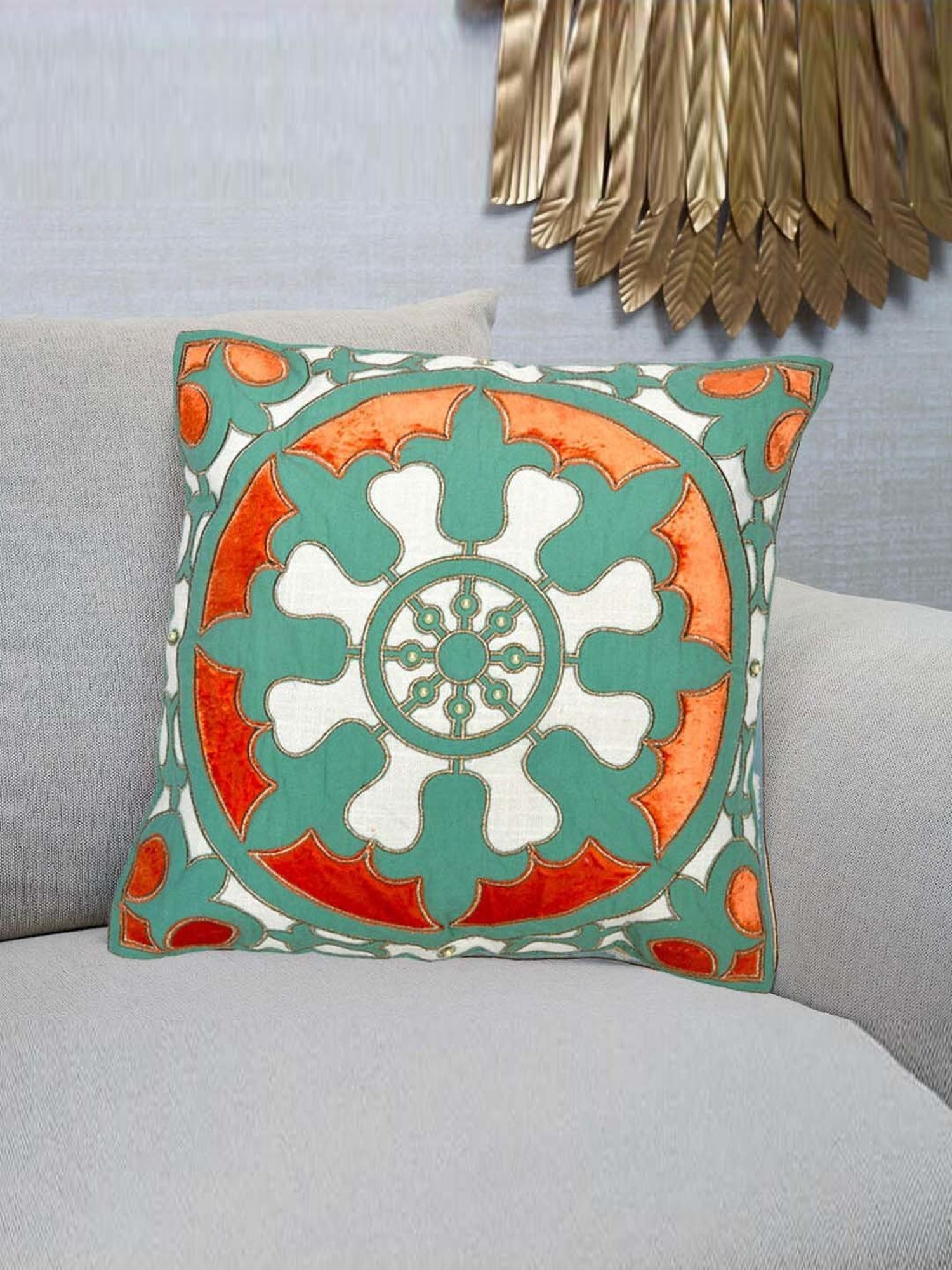 @home Nilkamal Green & Orange Cotton Cushion Cover