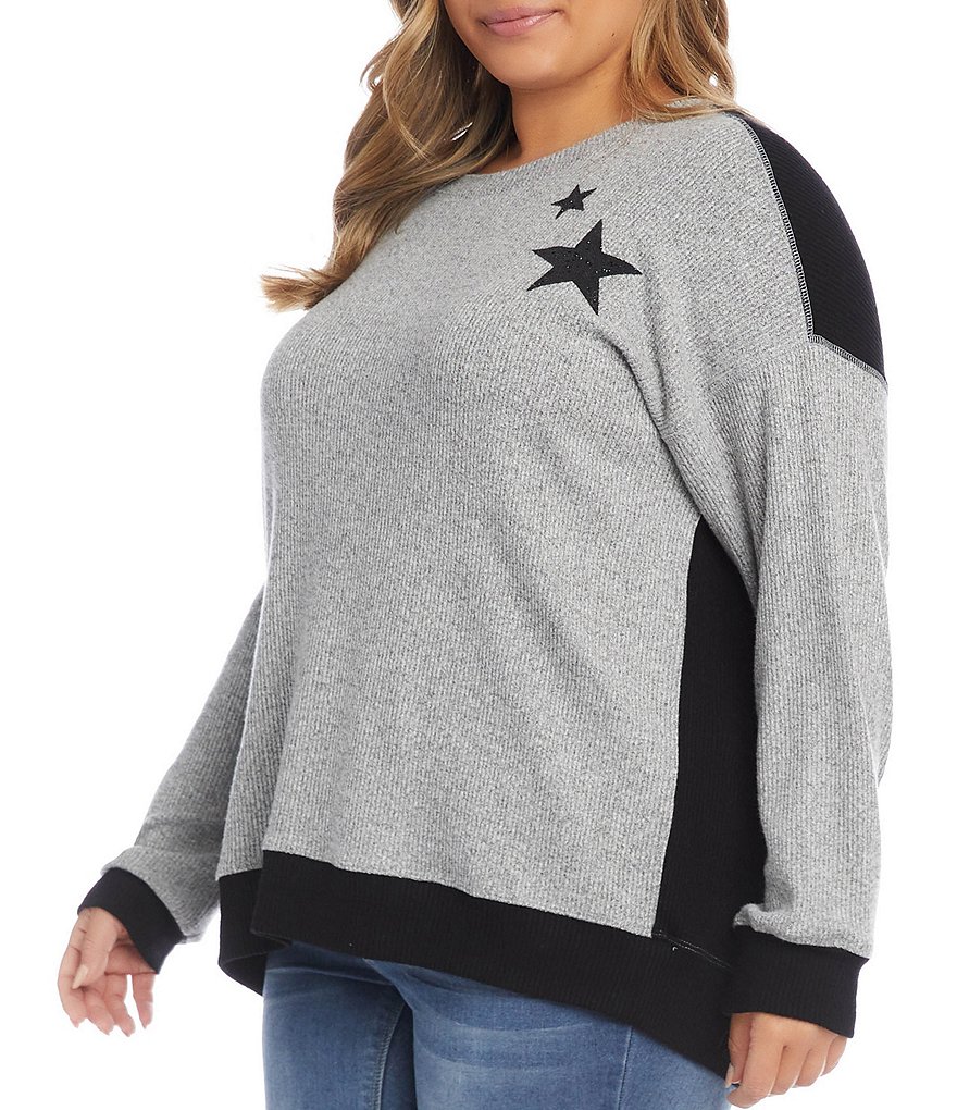 Karen Kane Plus Size Embellished Star Detail Brushed Rib Knit Colorblock Drop Shoulder Long Sleeve Jewel Neck Top