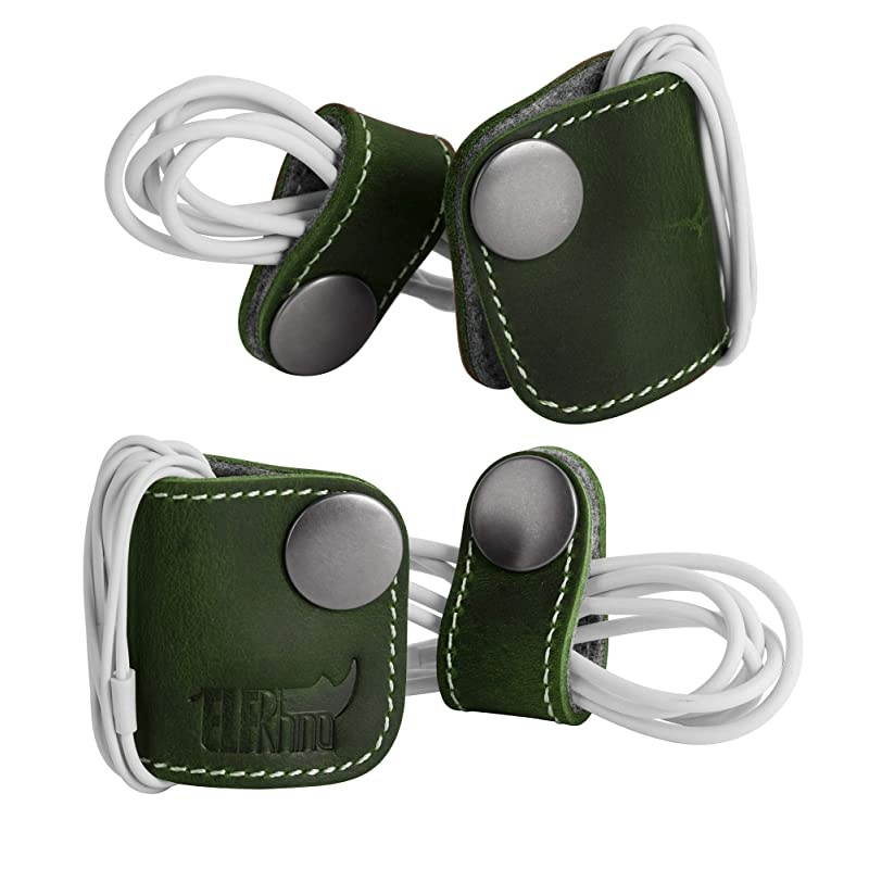 Genuine Leather Headphone Earphone Organizer Cord Organizer Wrap Winder Cord Manager Cable WinderSet of 2 Green