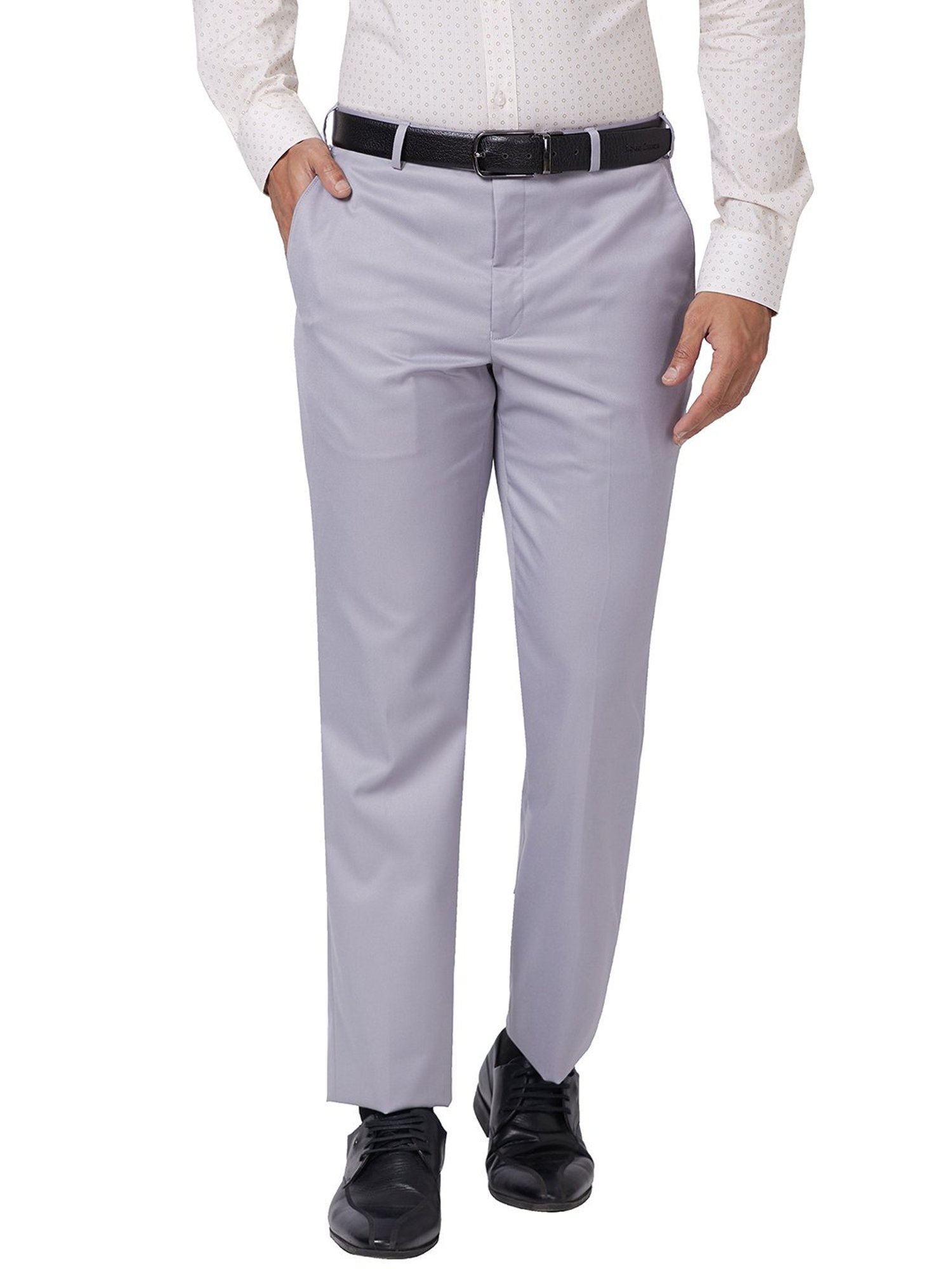 Park Avenue Light Grey Regular Fit Self Design Flat Front Trousers
