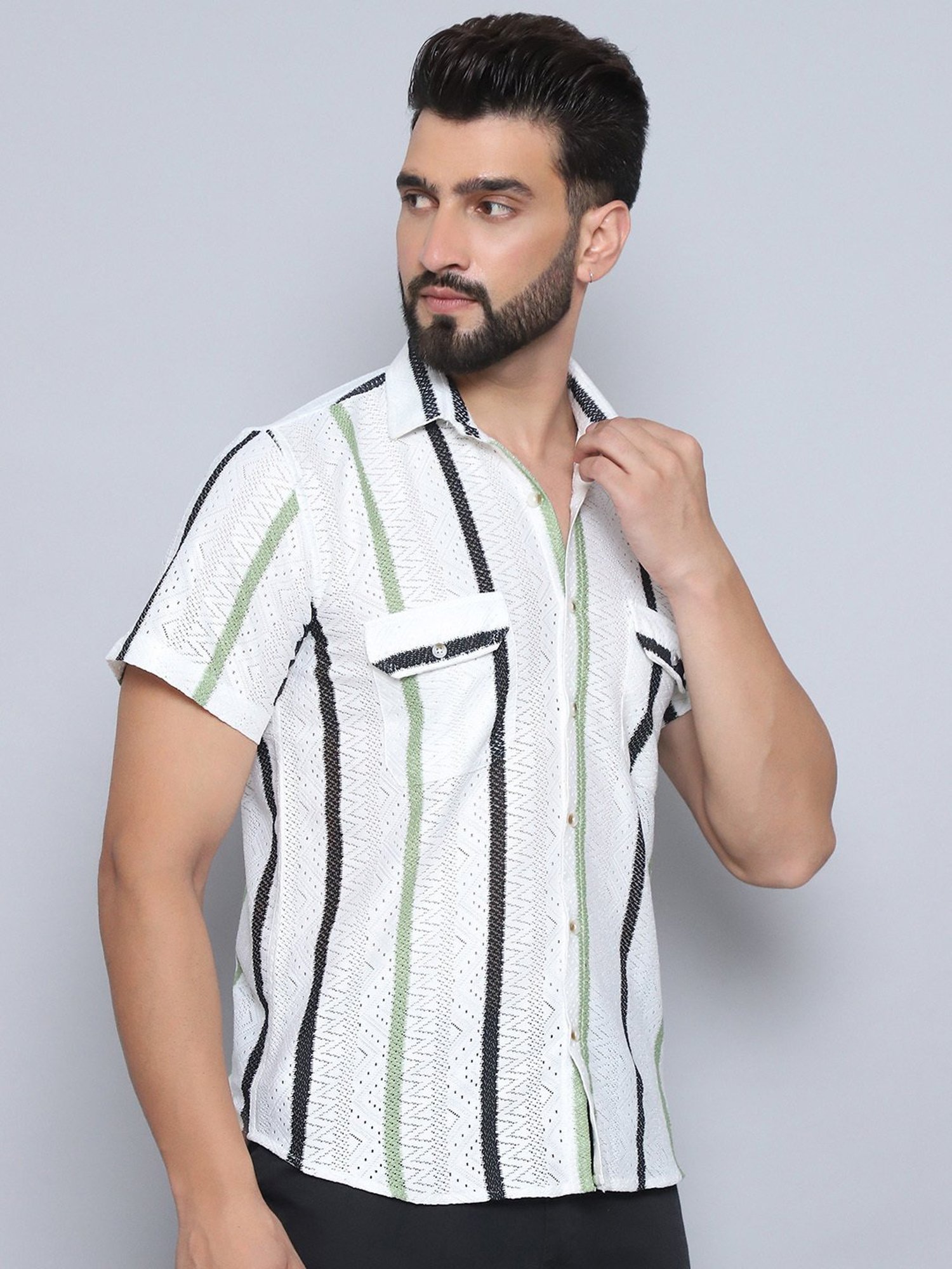 Indian Needle Green Polycotton Regular fit Stripes Casual Shirt