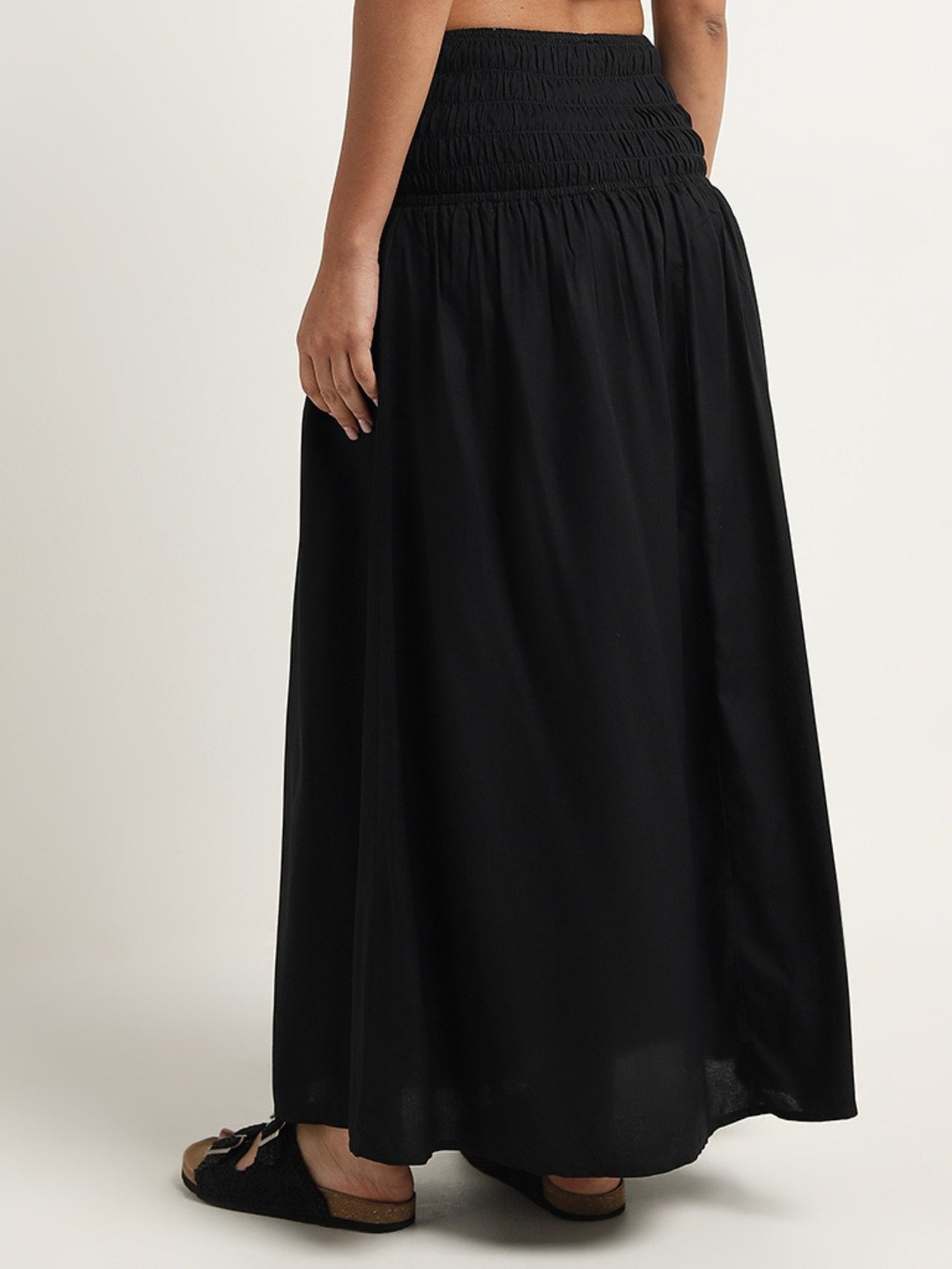Wunderlove by Westside Black Smocked High-Rise Maxi Cotton Skirt
