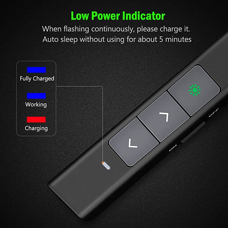 Wireless Presenter Rechargeable Presentation Powerpoint Clicker Green Light USB Remote Control Hyperlink Slide Advancer 24GHz