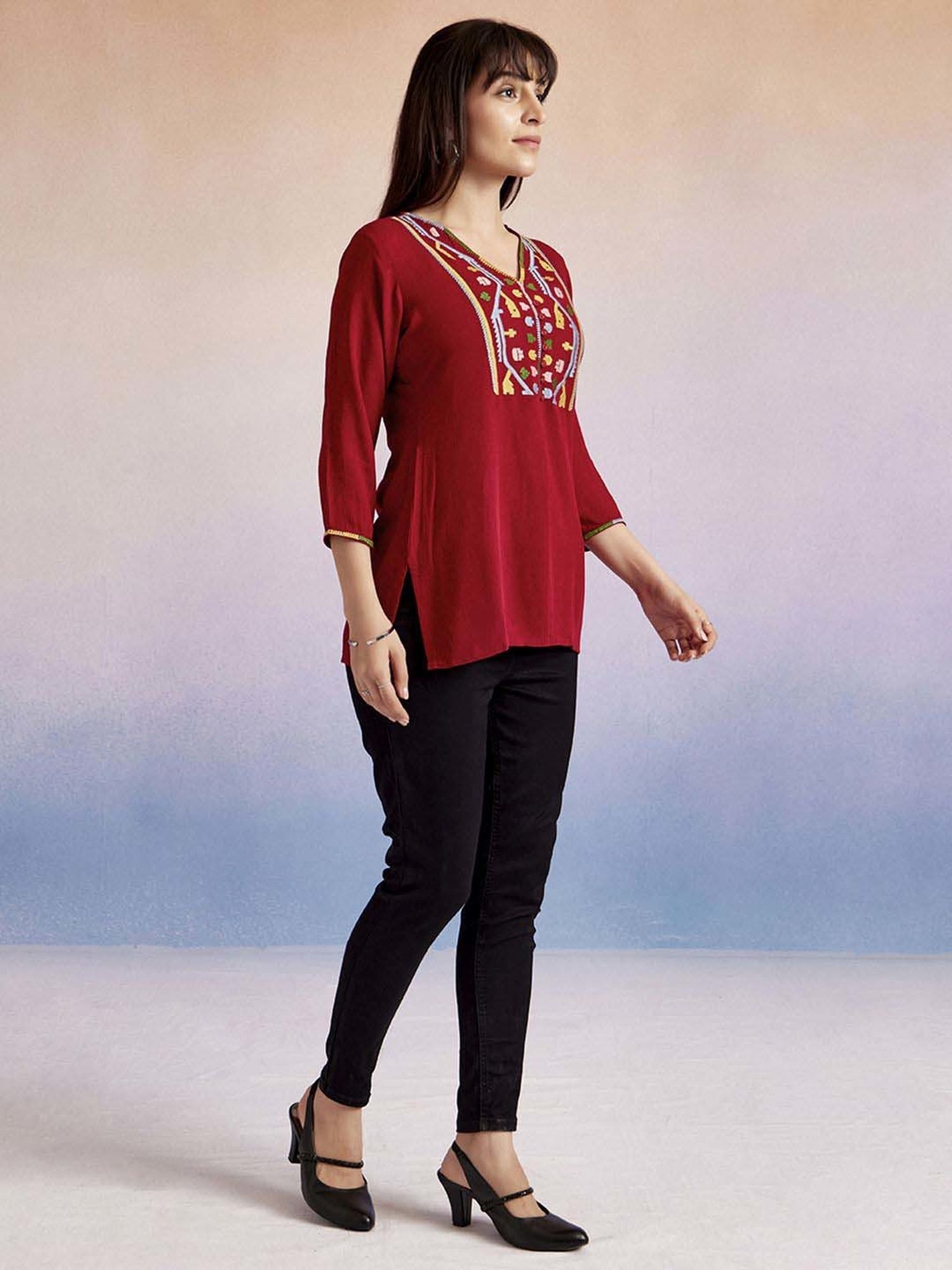 Jaipur Kurti Red Embroidered Top