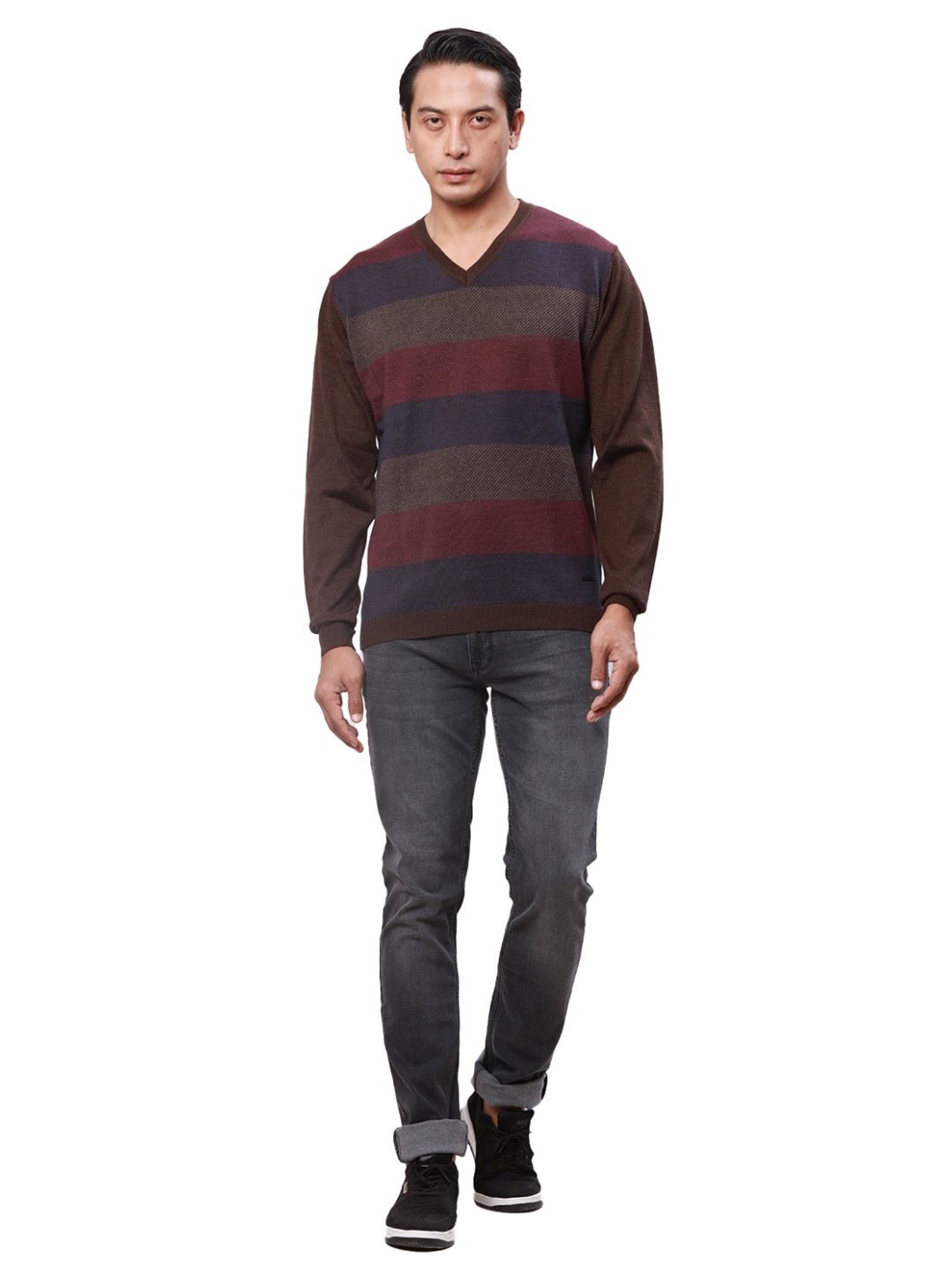 Park Avenue Brown Regular Fit Striped Sweater