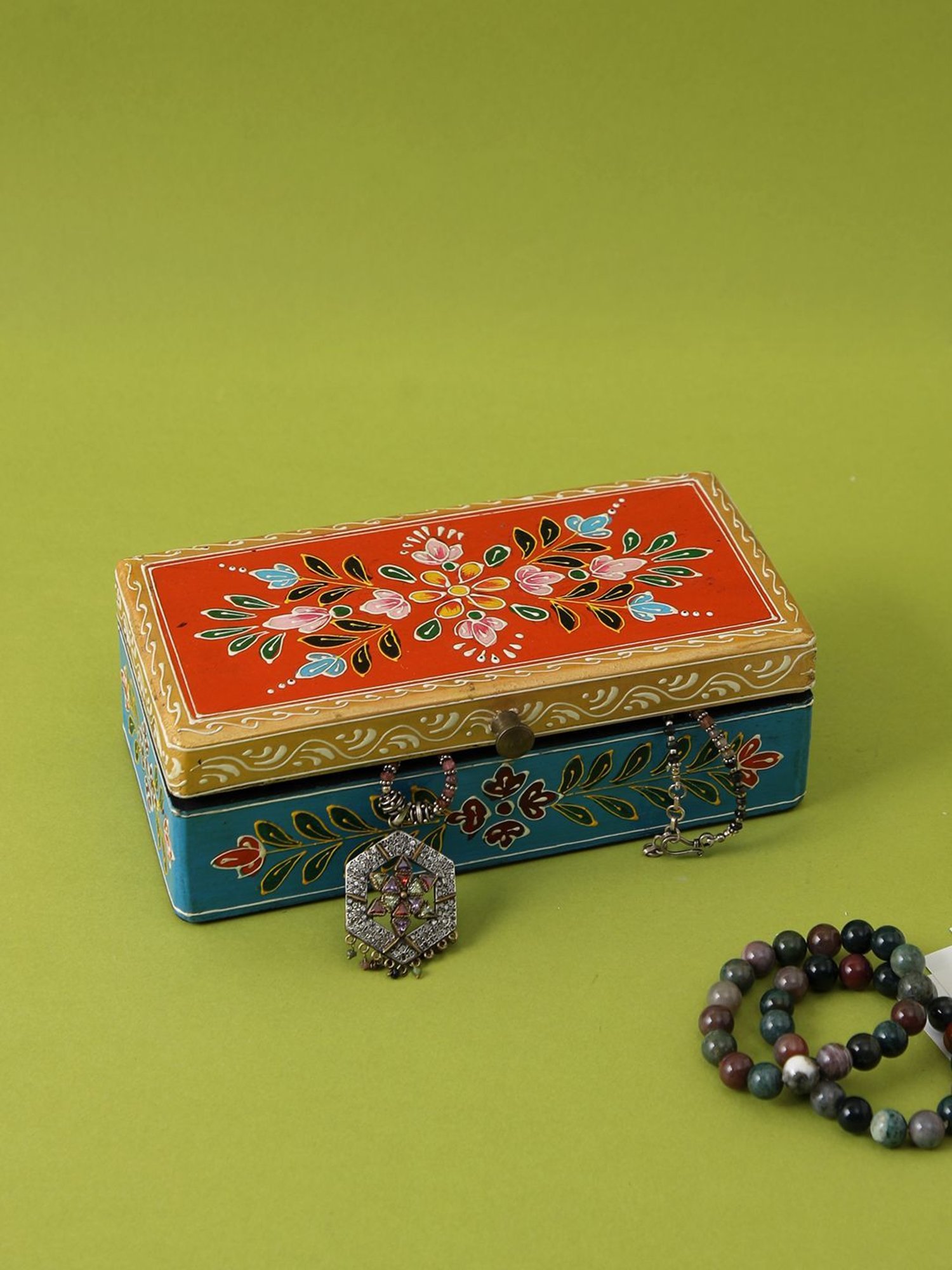 Aapno Rajasthan Red & Blue Wood Jewellery Box