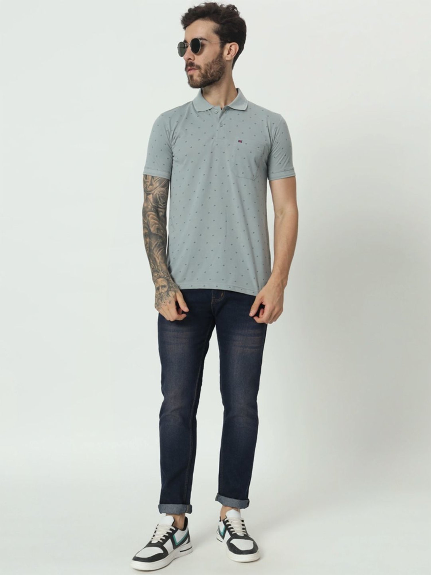 Tab91 Grey Regular Fit Printed Polo T-Shirts