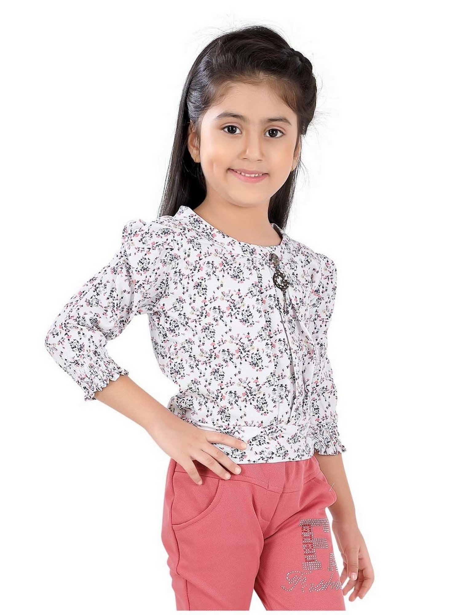 poplins Kids Pink & White Cotton Floral Print Top