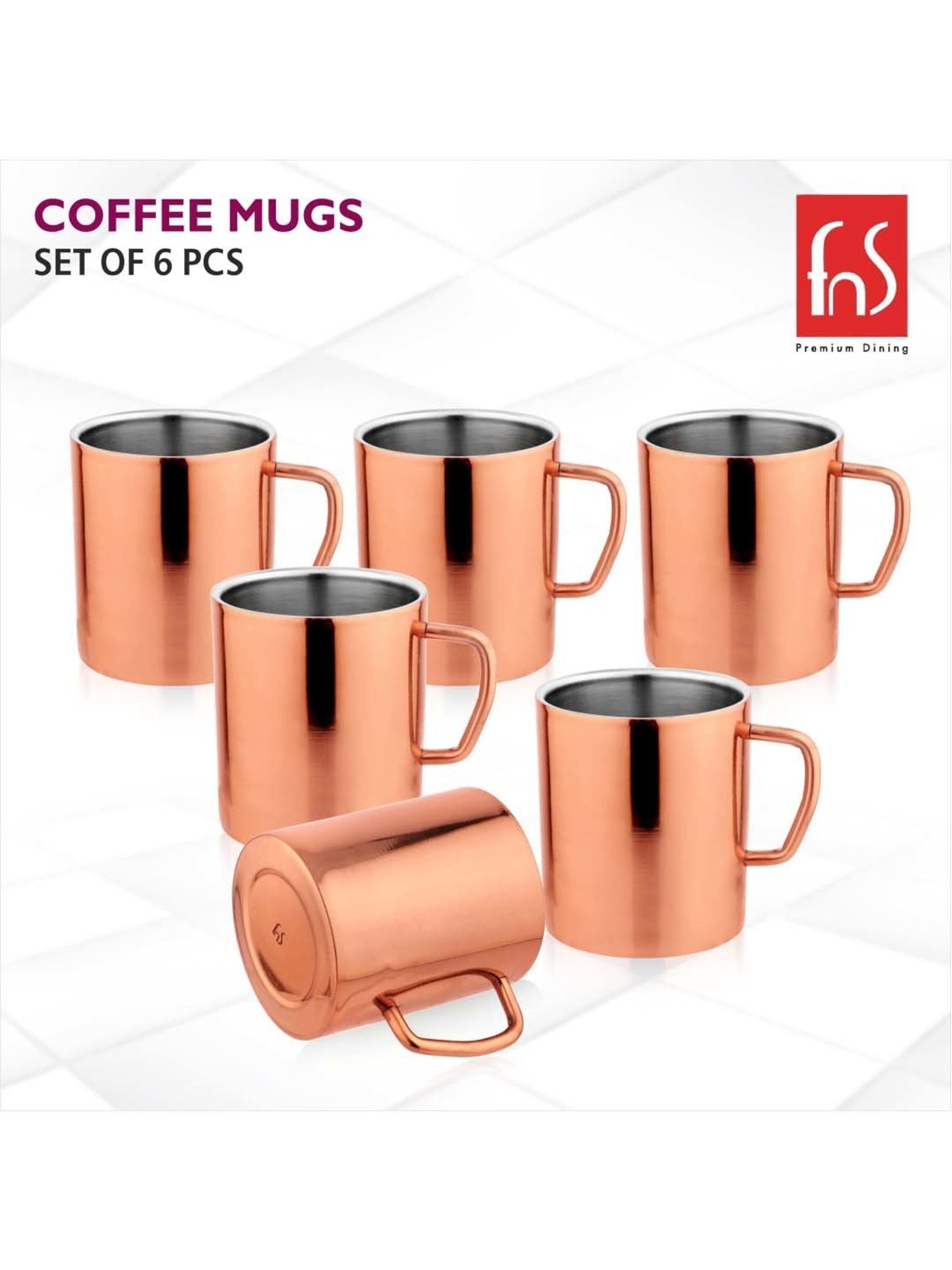 FnS Rose Gold Stainless Steel Coffee Mug (0.3 L) - Set of 6