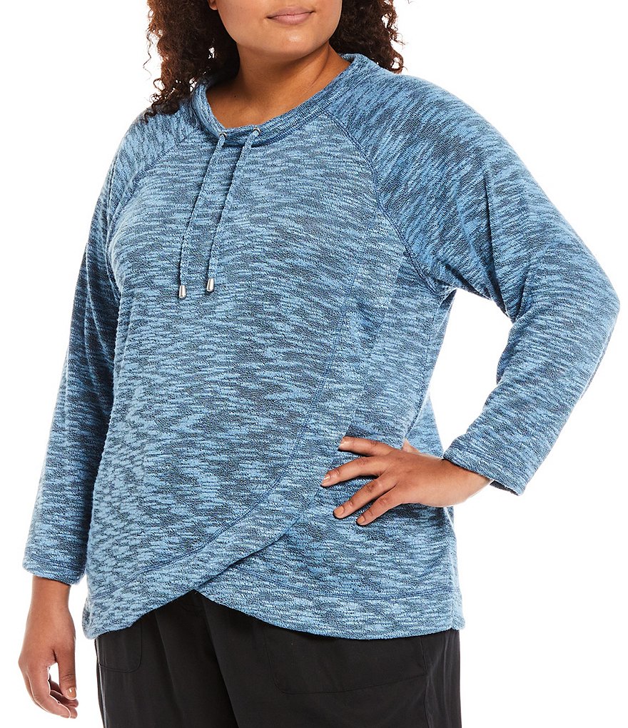 Ruby Rd. Plus Size Marled Slub Knit Drawstring Long Raglan Sleeve Cowl Neck Overlap Hem Pullover