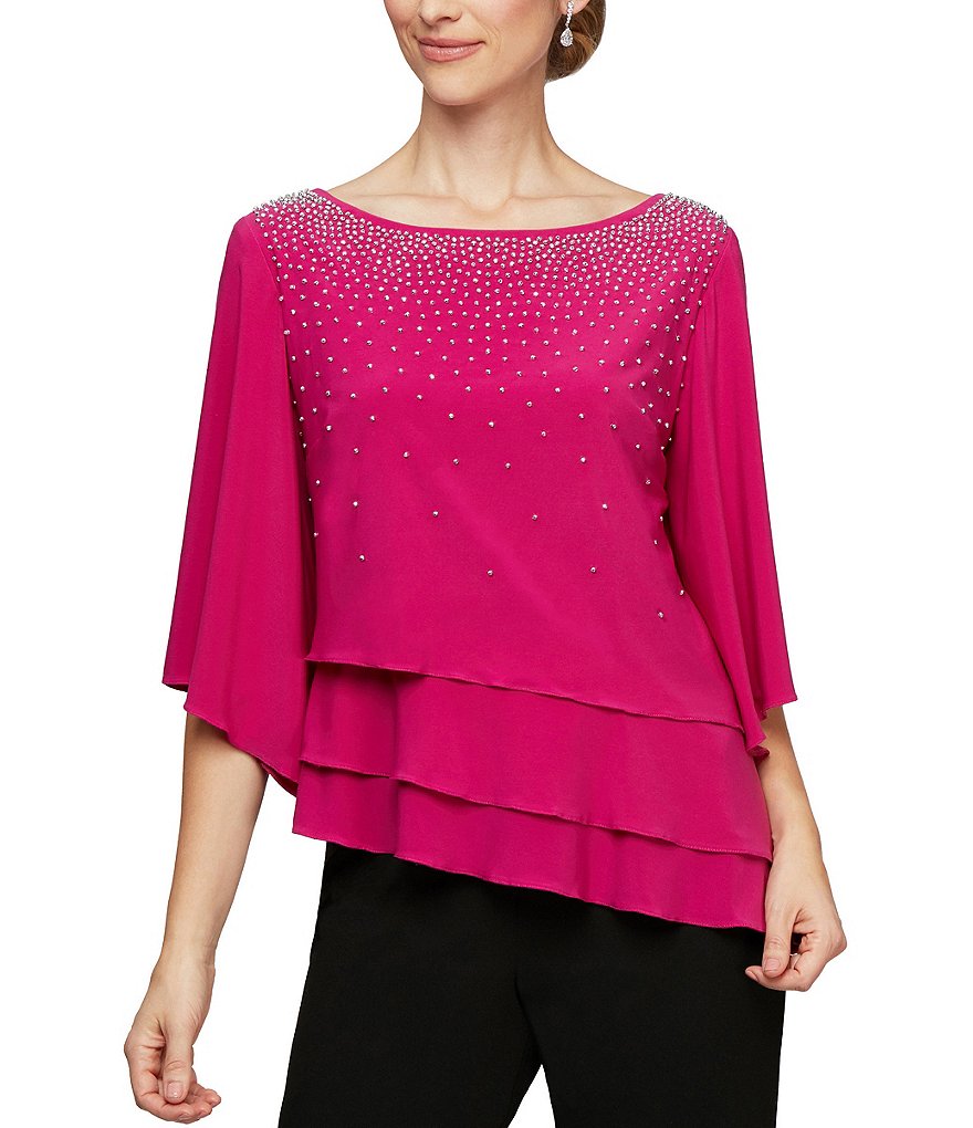 Alex Evenings Pearl Applique 3/4 Sleeve Asymmetrical Tiered Top