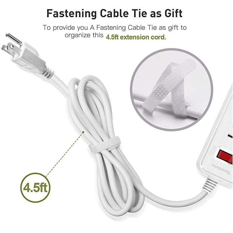 Mountable Surge Protector Power Strip with USB 5 Outlets 3 USB Ports Extension Cord with A Hook & Loop Fastener, for iPhone iPad Tablet PC Home Office Travel White