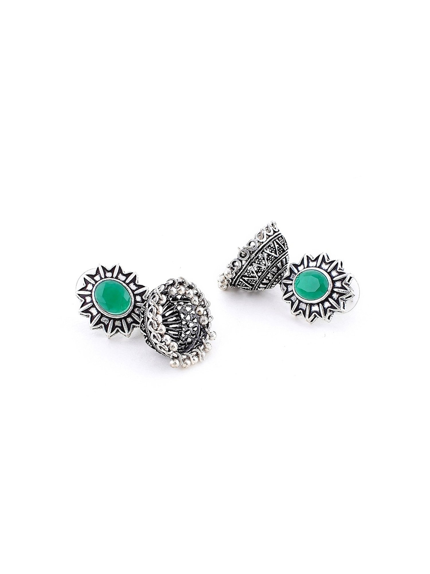 Imli Street Green Silver Tone Stone-Studded Handcrafted Jhumki Earrings