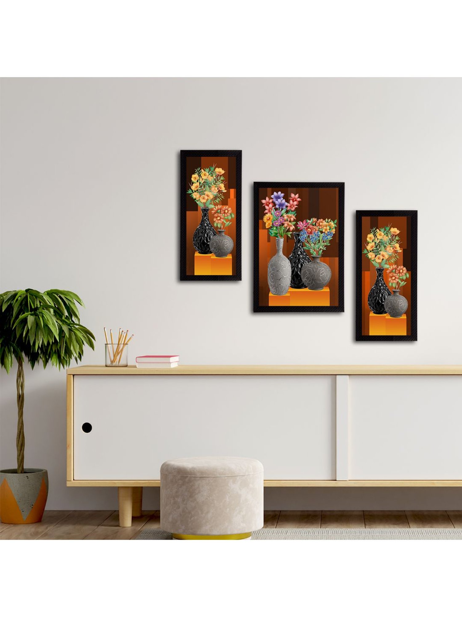 eCraftIndia Set of 3 Botanical and Floral Satin Matt Textured UV Art Painting