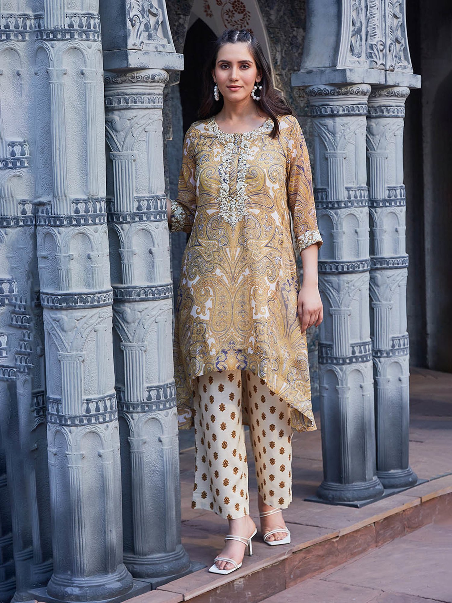 Biba Mustard & White Printed Kurta With Inner & Palazzo Set
