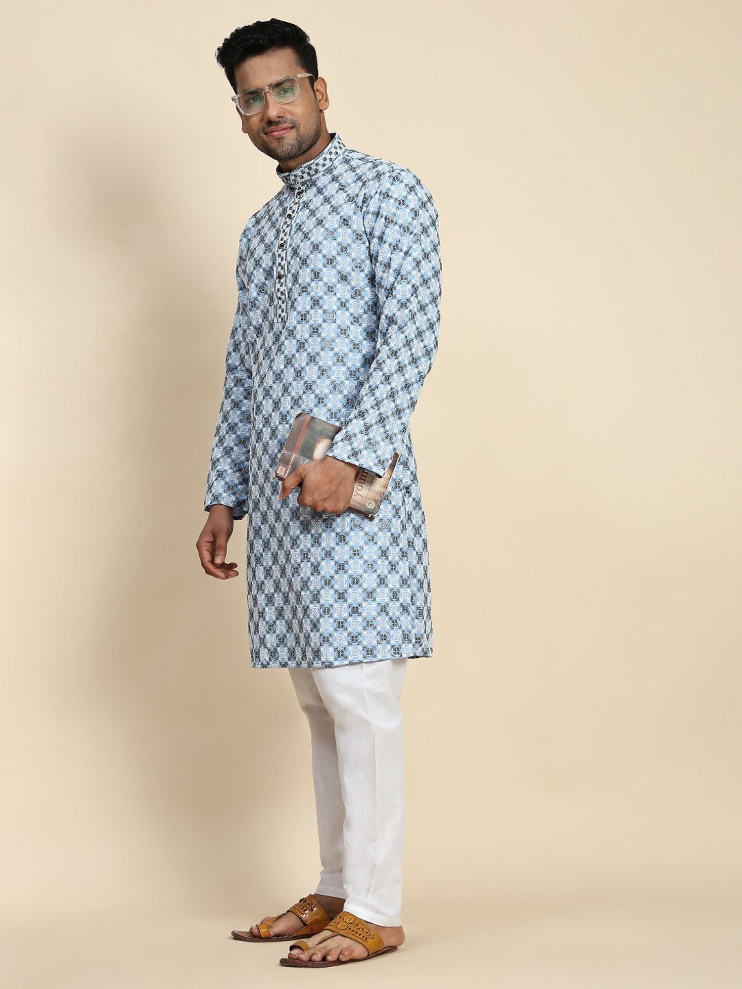 Pro-Ethic Style Developer Sky Blue & White Cotton Regular Fit Embellished Kurta Bottom Set