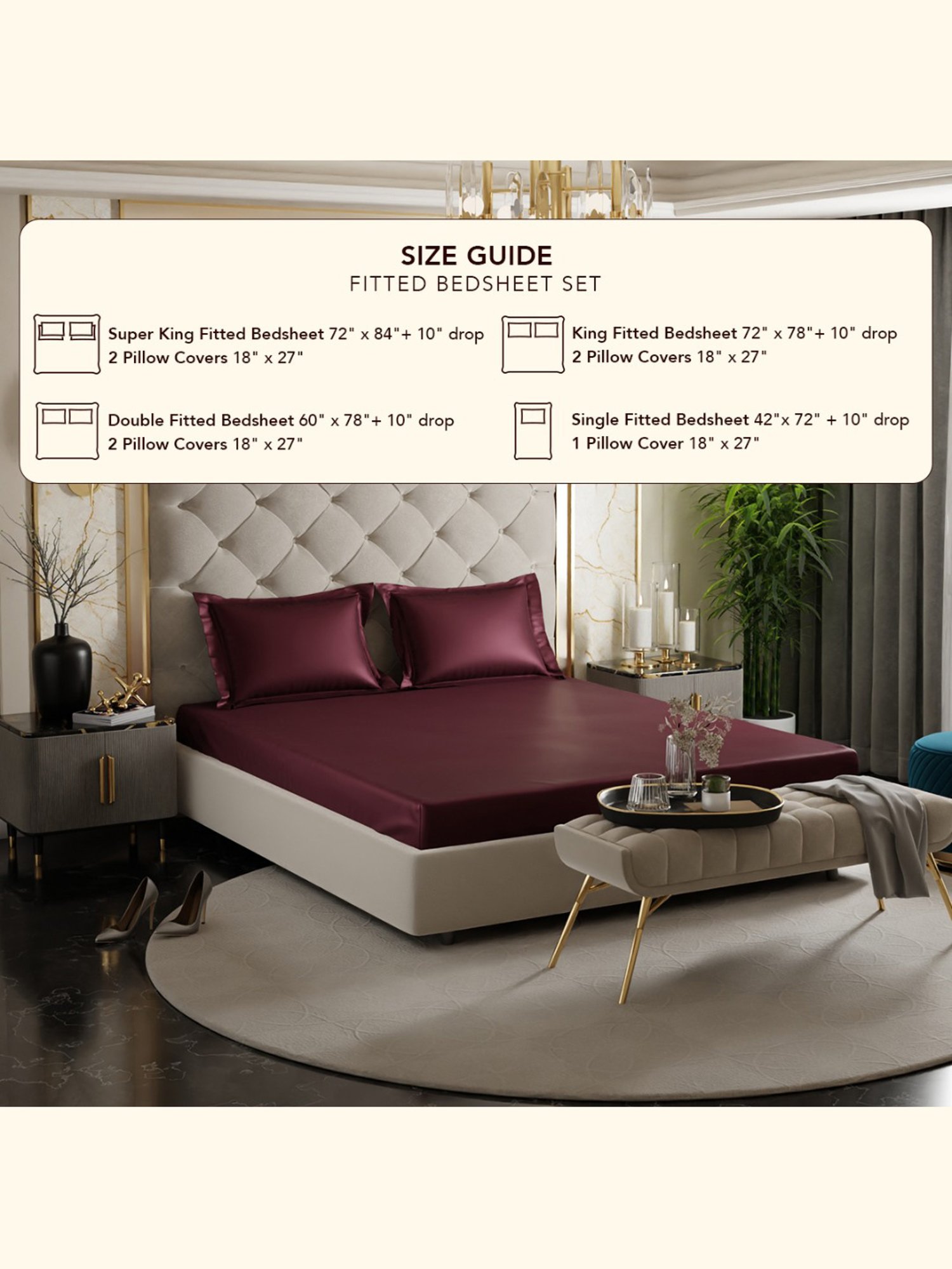 Stoa Paris Maroon 300 TC Polyester Super King Fitted Sheet with 2 Pillow Covers