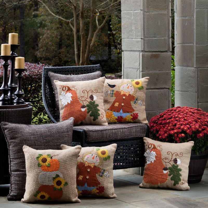 16.5"x16.5" Burlap Perfect Harvest Scarecrow Square Throw Pillow Tan - Pillow Perfect