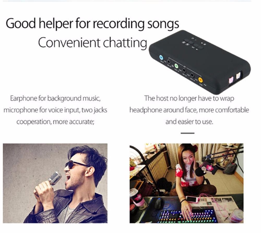 Black USB 2.0 Sound Card CMI6206 Chipset USB 7.1 Sound Card USB Audio Device Class Spec1.0 And USB HID Class Spec 8 DAC Output