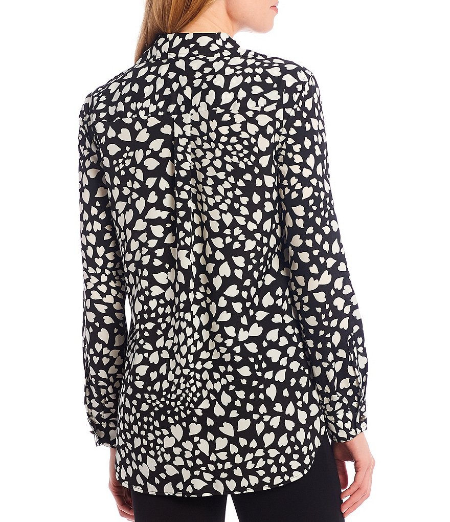 KARL LAGERFELD PARIS Point Collar Neck Long Cuff Sleeve Button Front Satin Crepe Heart Print Pocket Utility Blouse