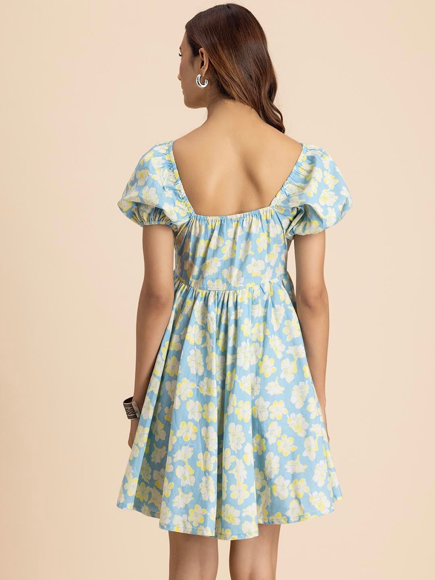 Moomaya Light Blue & Yellow Floral Print A Line Dress