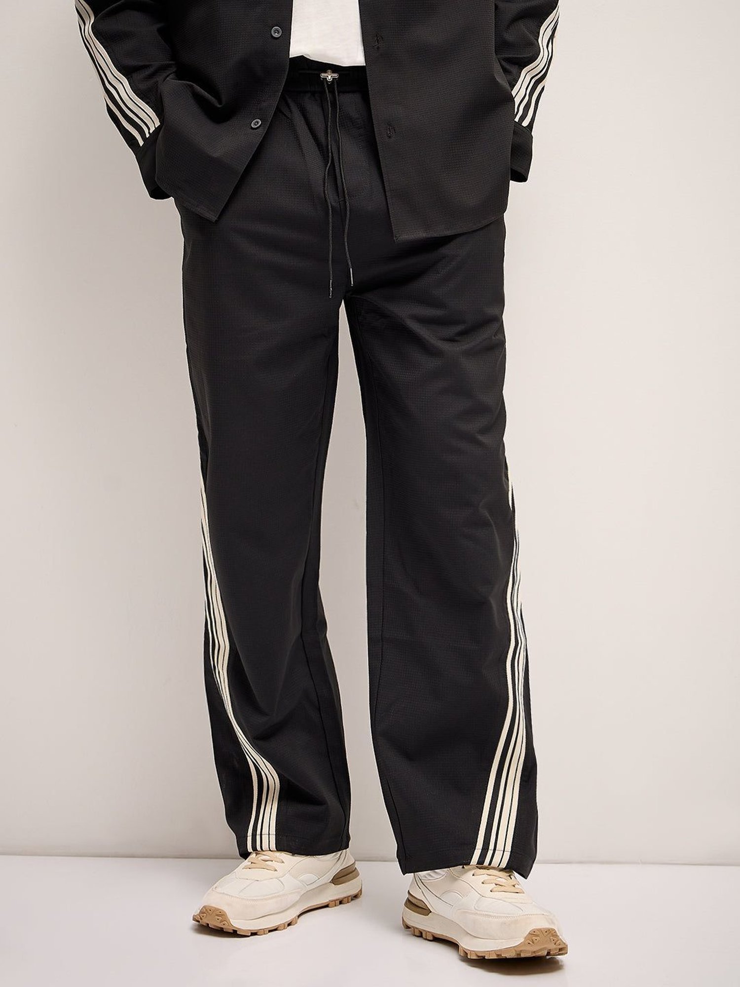 The Bear House Black Straight Fit Striped Trackpants